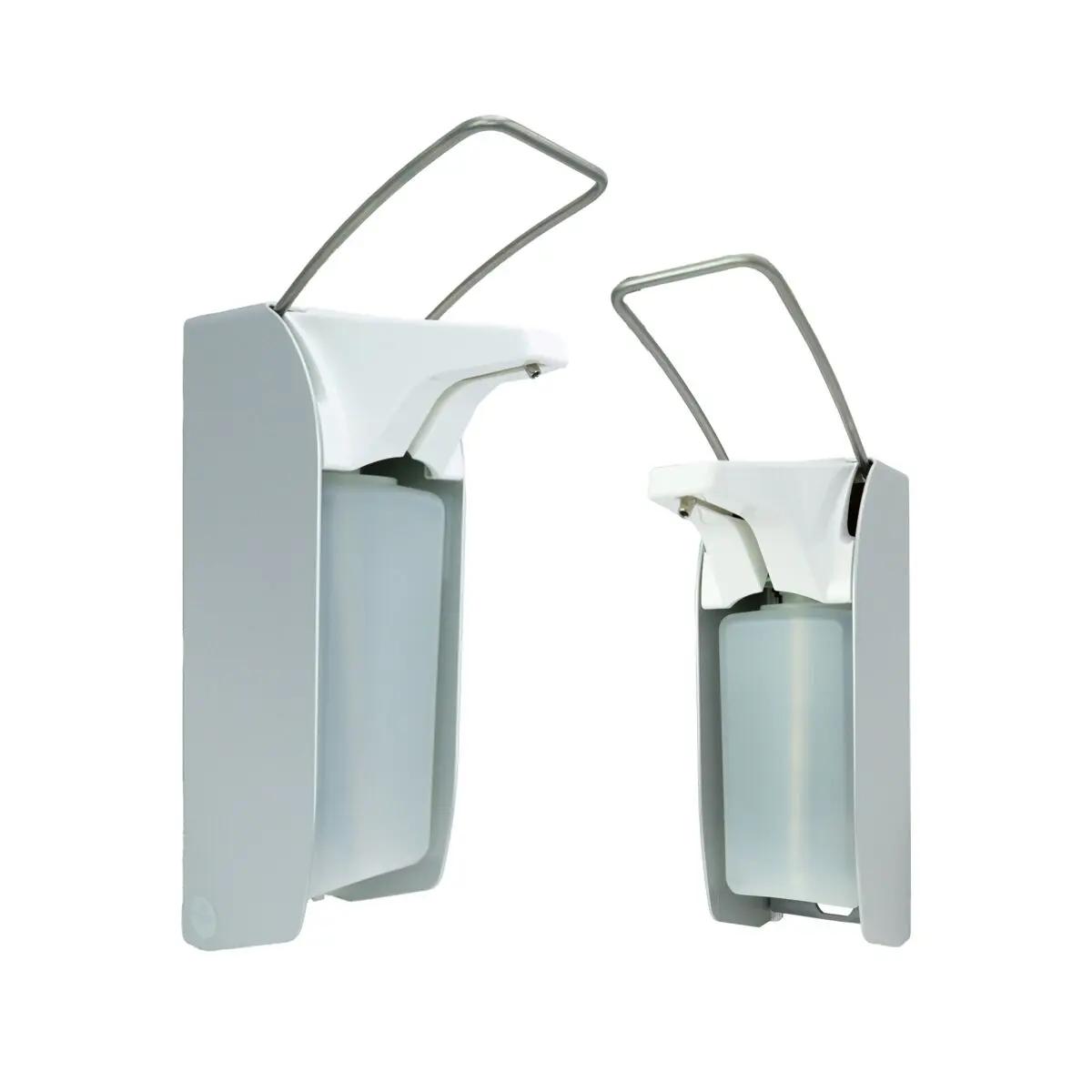 Zwei unterschiedlich große ALU-Direktspender für Flüssigseifen und Lotionen mit Metallgehäuse, Edelstahlpumpe und silbernem Tragegriff auf Metallrahmen.