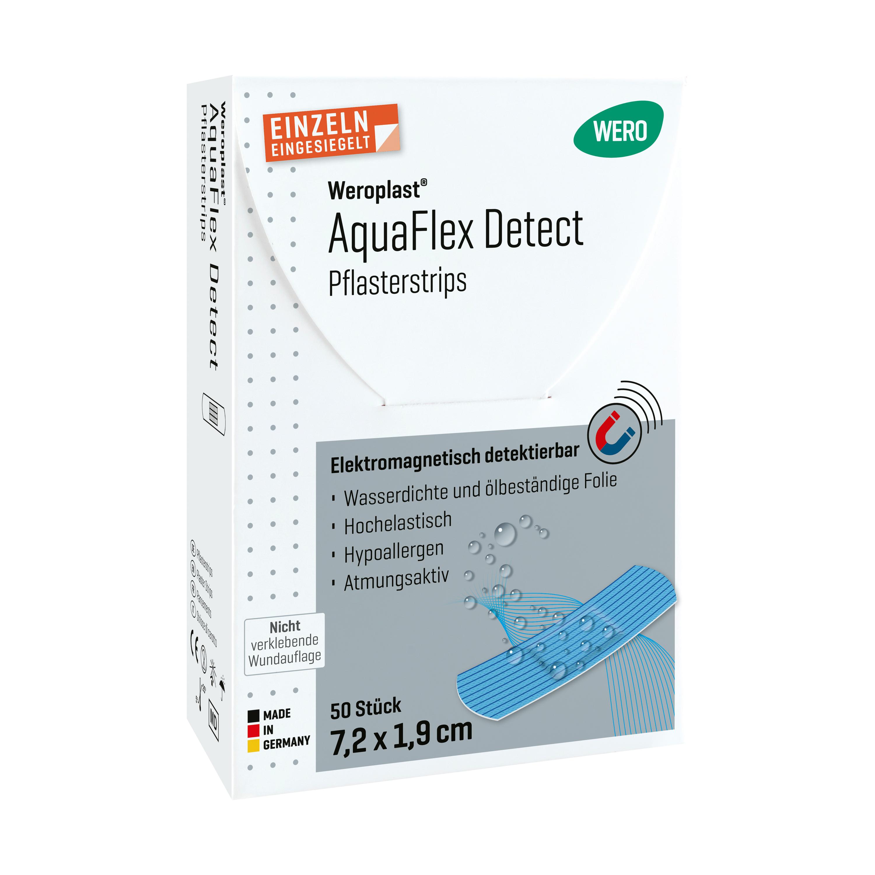 Eine aufrecht stehende Schachtel Weroplast® AquaFlex Detect Pflasterstrips mit blauer Abbildung, einzeln eingesiegelt, wasserdicht und visuell erkennbar.