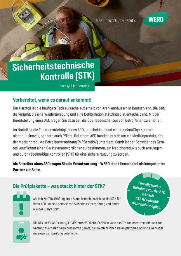 Poster mit medizinischer Notfallszene, gelbem AED-Gerät, Hinweis auf gesetzliche Nutzungspflicht von Defibrillatoren (STK) und grünem WERO-Logo.