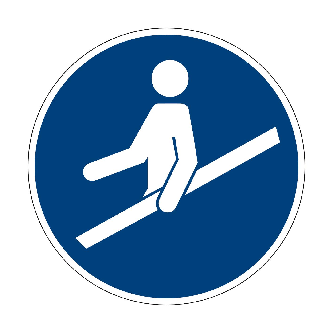 Weißes Piktogramm einer horizontalen Person mit Hand an einer schrägen Stange auf blauem runden Schild