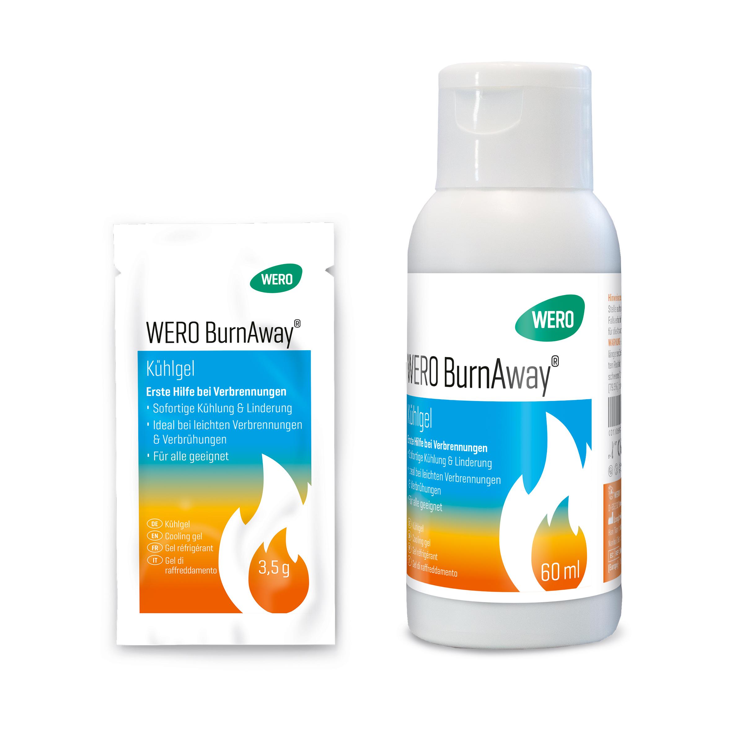 WERO BurnAway® Verbrennungsgel Flasche mit grünem Etikett und drei schwarzen 3,5g-Portionsbeuteln mit Flammenmotiv nebeneinander stehend.