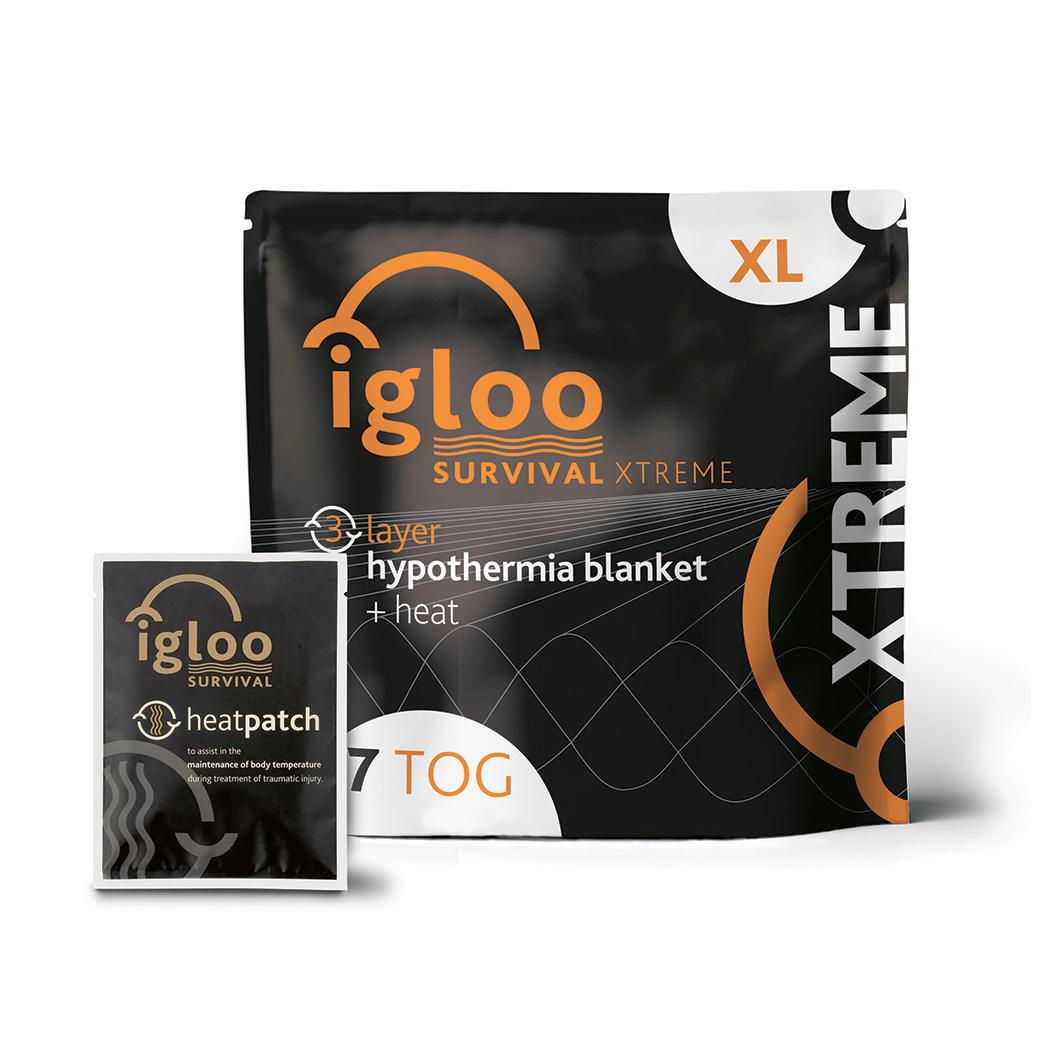 igloo Survival Xtreme - Orange Rettungsdecke in Schwarz-Orange mit 3-lagigem Material und beiliegendem Wärmepflaster zur Erhaltung der Körperwärme.