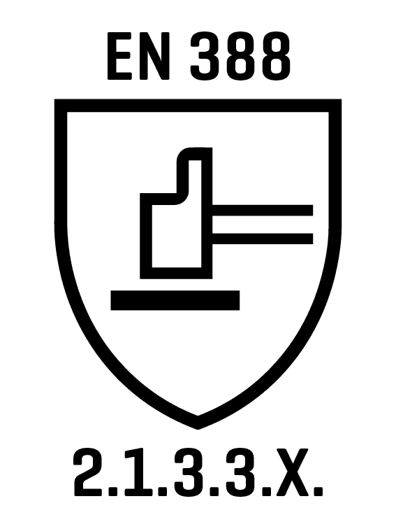 Schwarz umrandetes, weißes Schild-Icon mit waagrecht liegendem schwarzen Hammer auf Querlinie.
