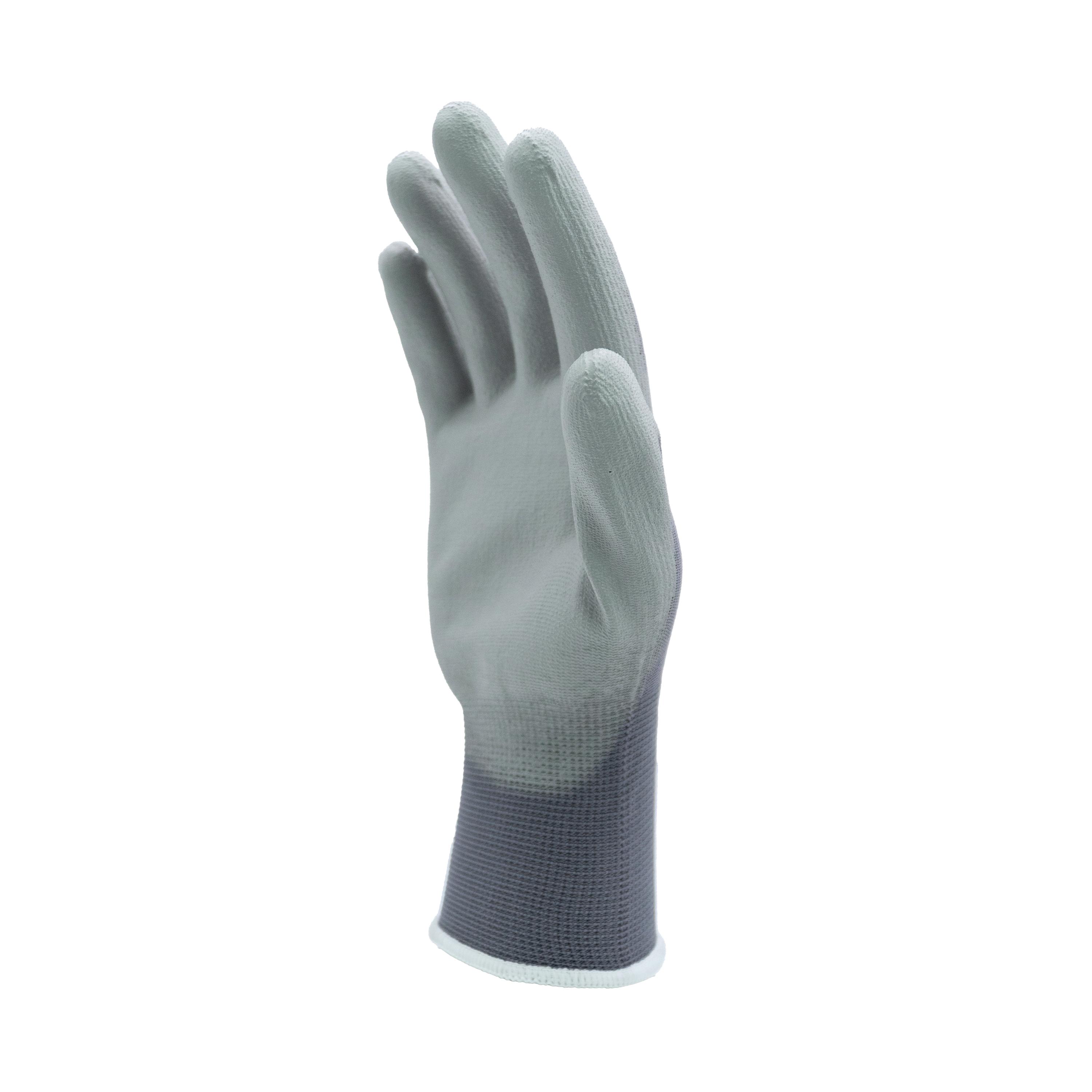 Ein Feinstrickhandschuh WERO Allrounder in Grau mit strukturierter PU-Beschichtung und orange abgesetztem Bündchen, Daumen nach oben gestreckt.