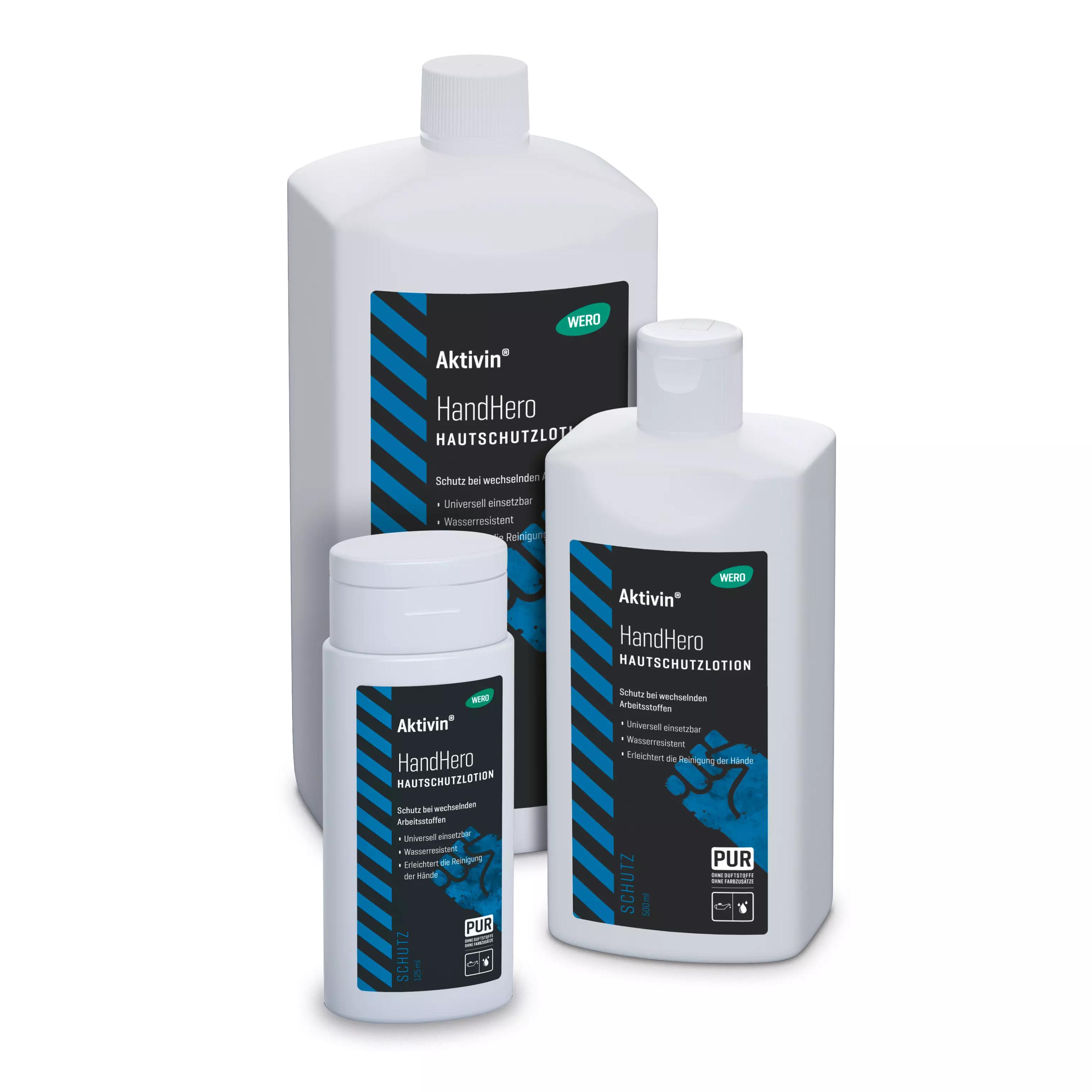 Drei Aktivin® HandHero - Euroflasche, 500 ml Hautschutzlotionen mit 100% PUR-Formulierung und Schraubverschluss stehen abgestuft nebeneinander.