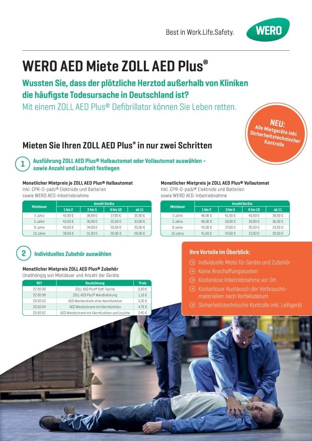 Flyer mit WERO AED Plus Defibrillator, zeigt Anwendung durch Helfende an einer bewusstlosen Person im Notfall, Infos zur sicheren Nutzung im Betrieb