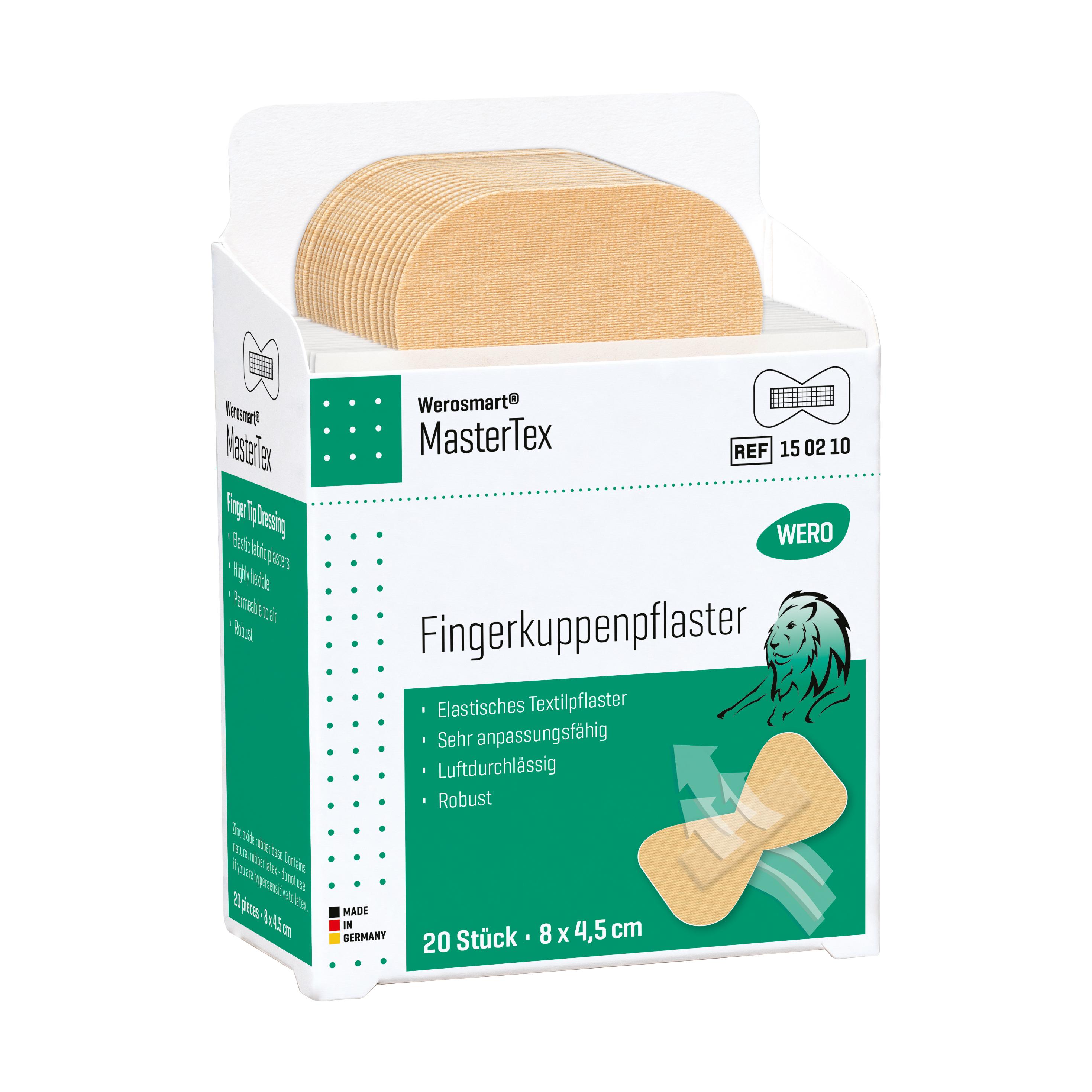 Eine Schachtel Werosmart® MasterTex Pflasterspender-Einsätze Fingerkuppenpflaster zeigt beige, gefaltete Pflasterpads auf einer weißen Box mit grünem Akzent und Löwenillustration.