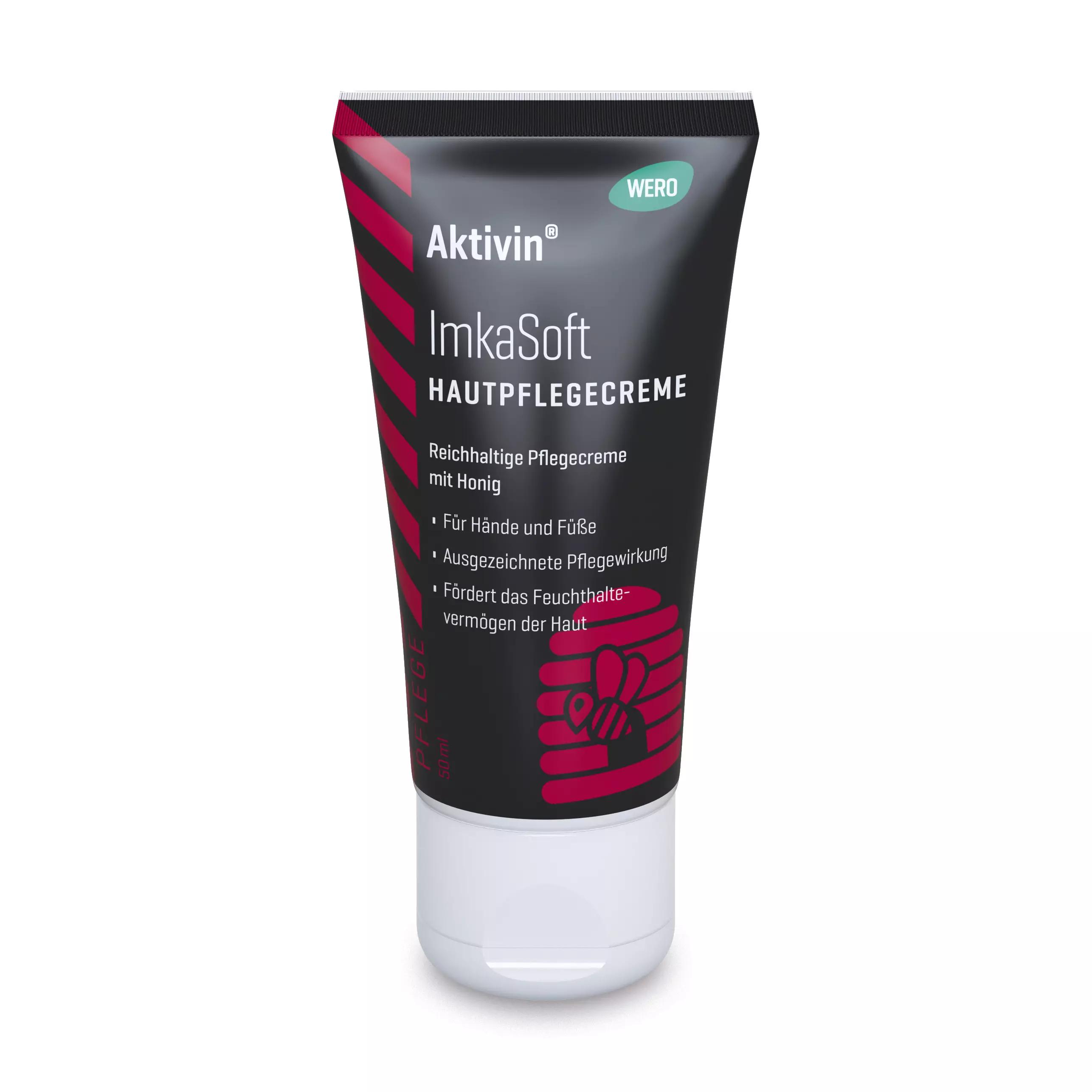 Schwarze Tube Hautpflegecreme Aktivin® ImkaSoft mit weißer Aufschrift, pinken Akzenten und Bienenwaben-Motiv, 50 ml, reichhaltige Creme mit Honig.