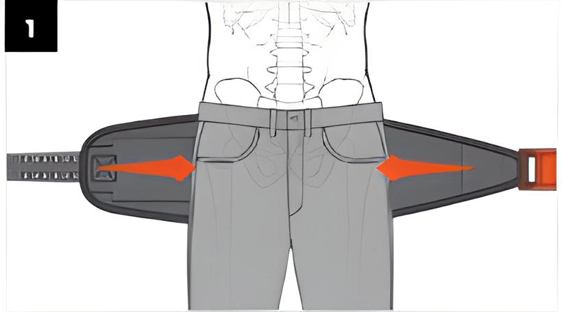 Diagramm zur Gürtelanpassung an einer grauen Hose mit zwei orangefarbenen Pfeilen, die auf die silbernen Schnallen zeigen