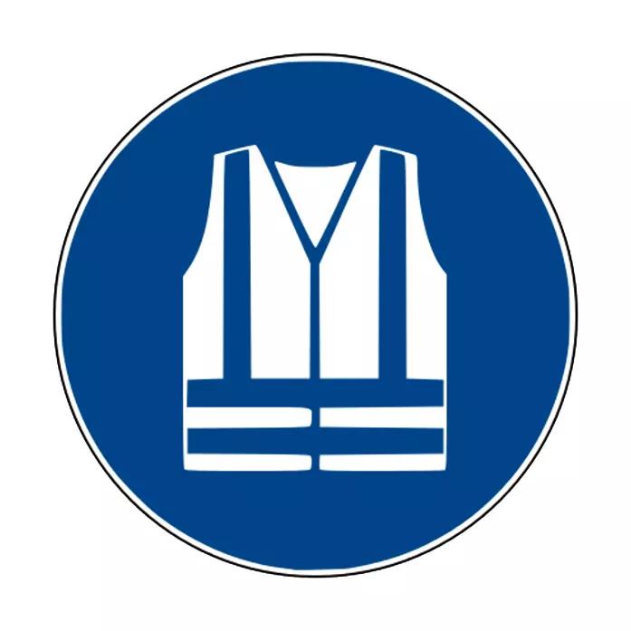 Blaues, rundes Gebotszeichen: Warnweste benutzen - PVC mit weißem Warnwesten-Symbol und weißem Rand, Durchmesser 200 mm.