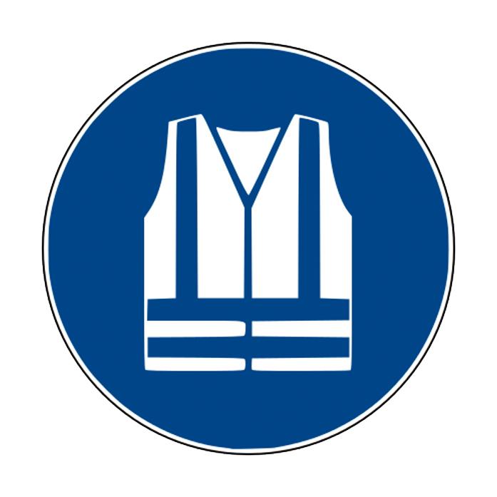 Blaues, rundes Gebotszeichen: Warnweste benutzen - PVC mit weißem Warnwesten-Symbol und weißem Rand, Durchmesser 200 mm.