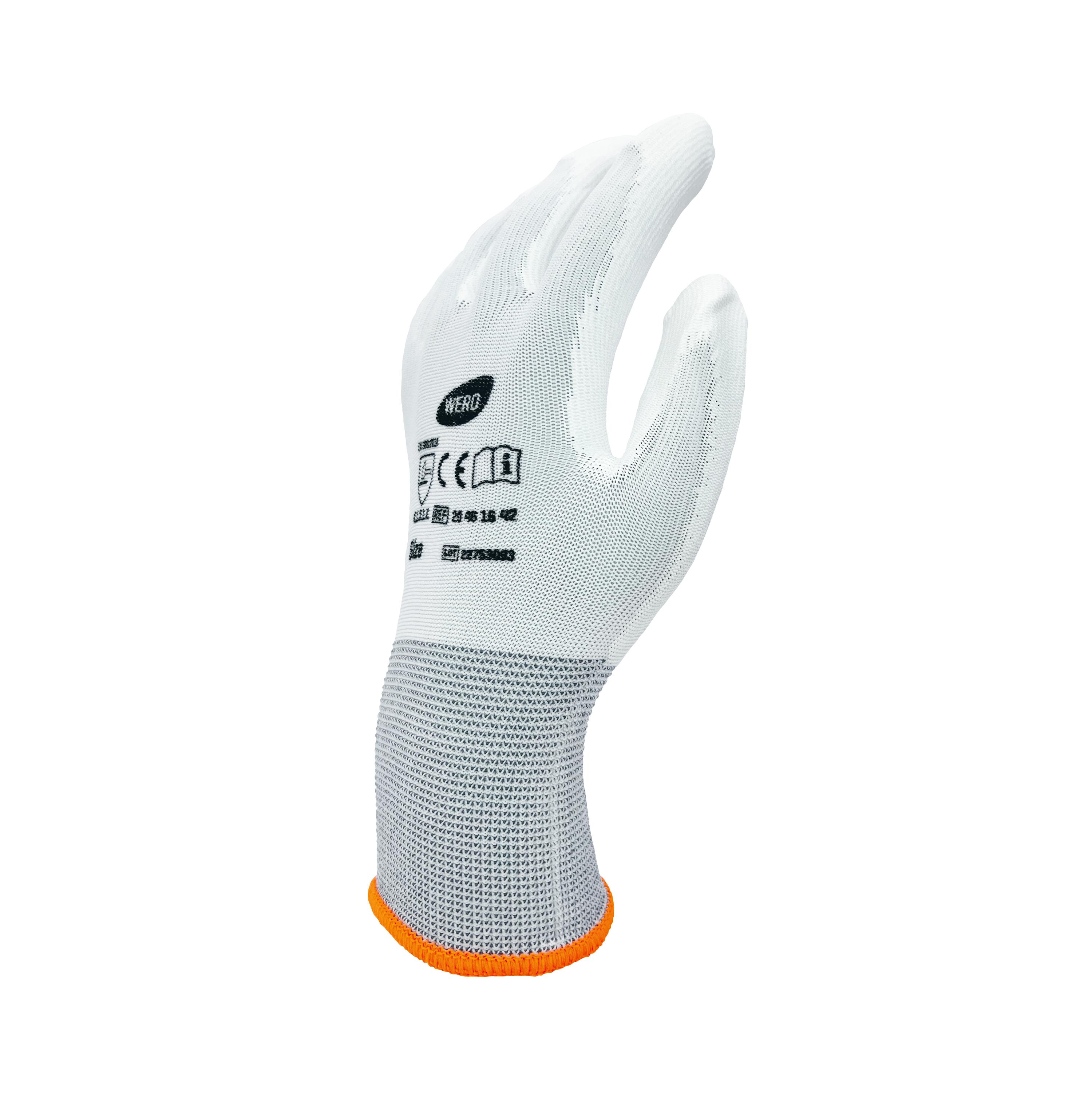 Weißer Feinstrickhandschuh WERO Allrounder mit PU-Beschichtung, leicht und flexibel, orangefarbenes Bündchen am Handgelenk, Aufdruck auf dem Handrücken.