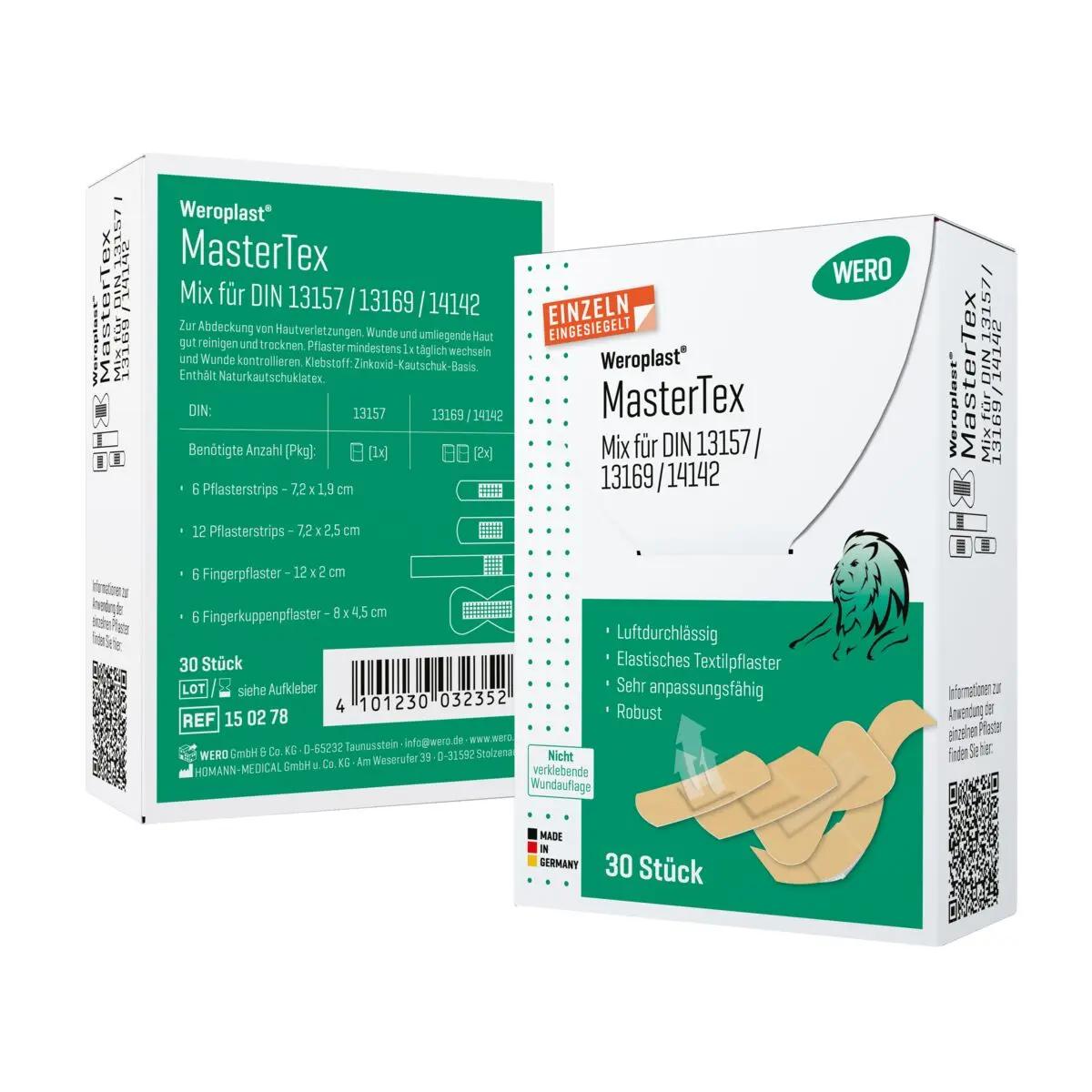 Zwei Schachteln Weroplast MasterTex Mix für DIN 13169 / DIN 14142 mit 30 textilen, anpassungsfähigen Pflasterstrips in verschiedenen Größen.