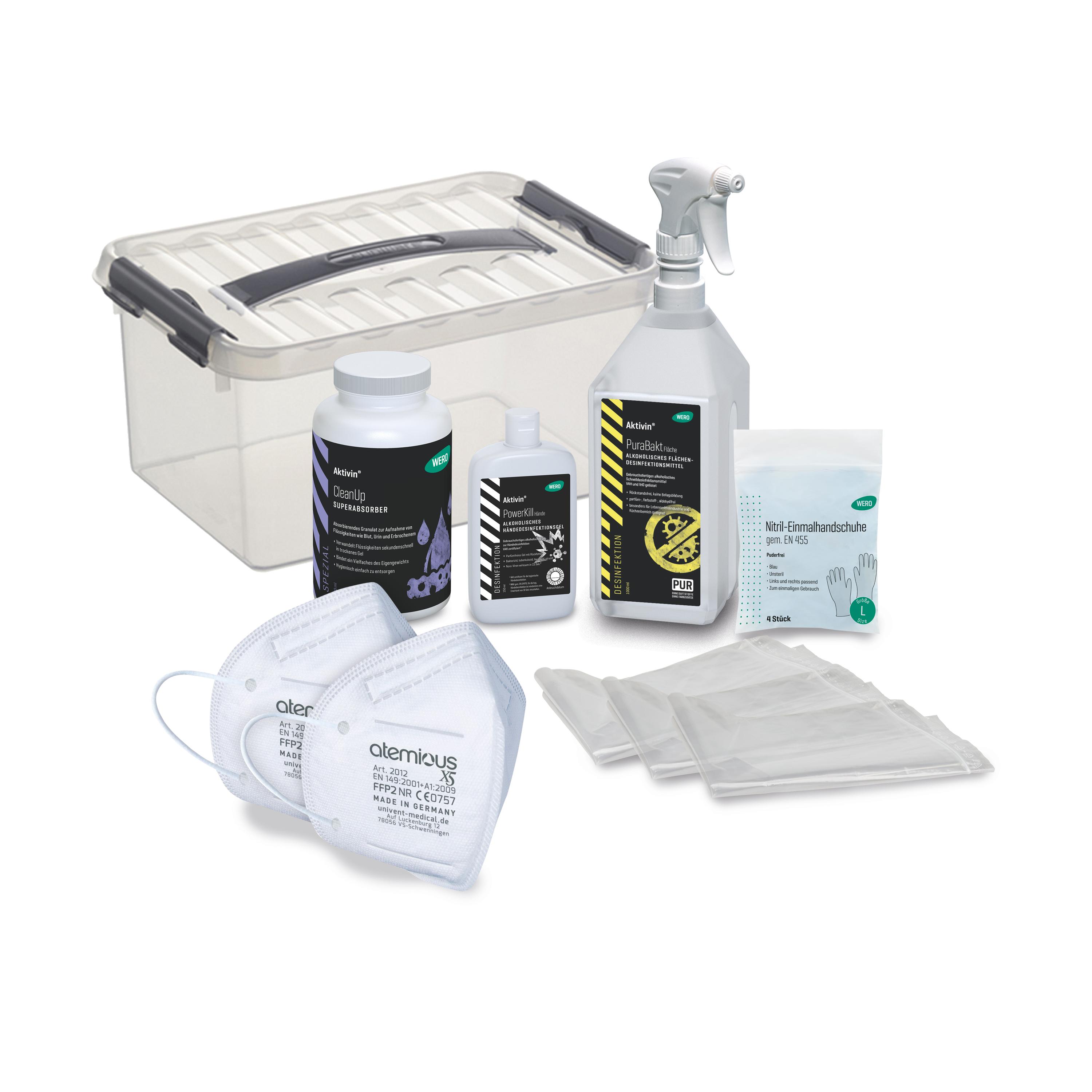Mehrere Hygieneprodukte, darunter die WERO Hygiene-Box, mit Aufbewahrungsbox, Folienbeuteln und Einmalhandschuhen ordentlich nebeneinander platziert.