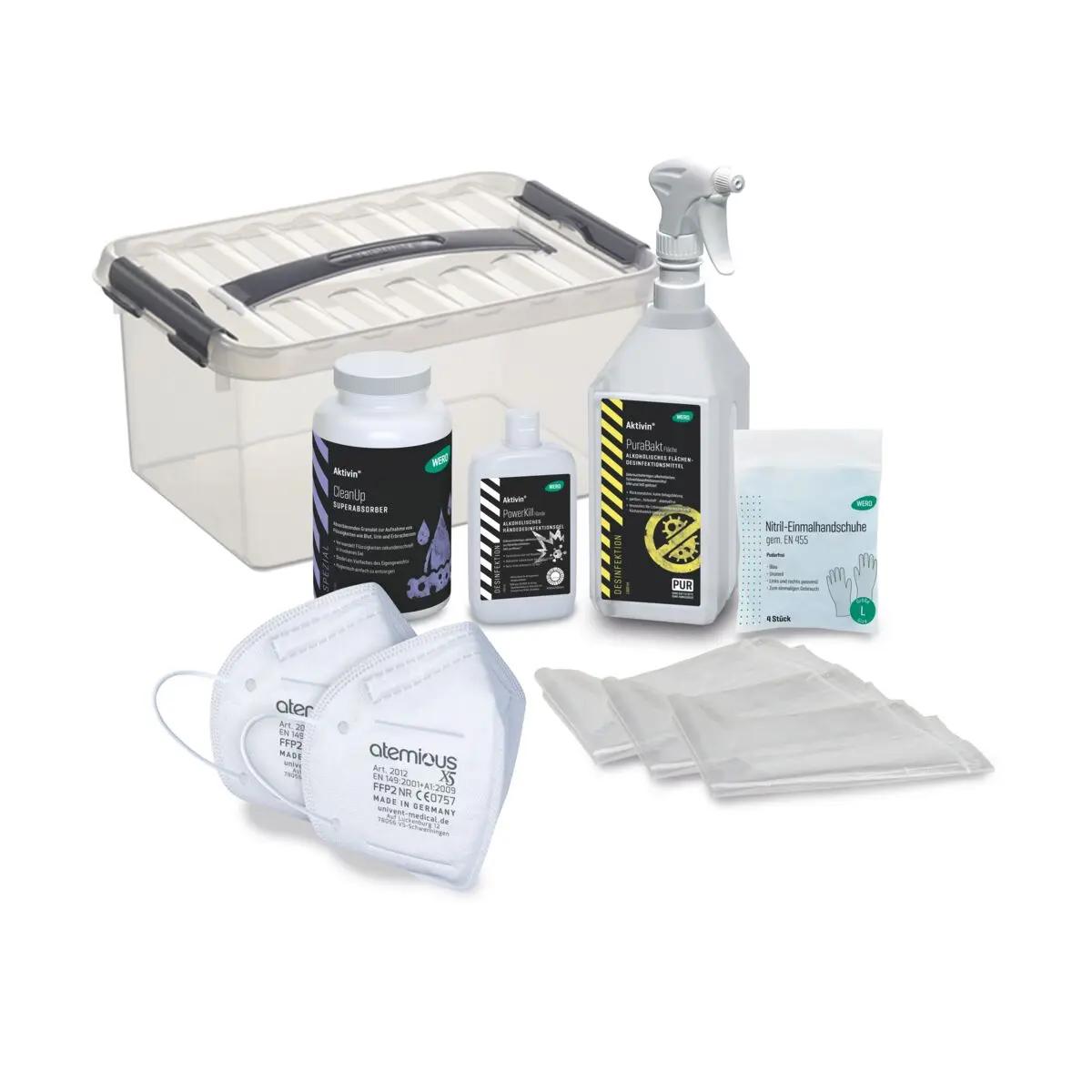 Mehrere Hygieneprodukte, darunter die WERO Hygiene-Box, mit Aufbewahrungsbox, Folienbeuteln und Einmalhandschuhen ordentlich nebeneinander platziert.