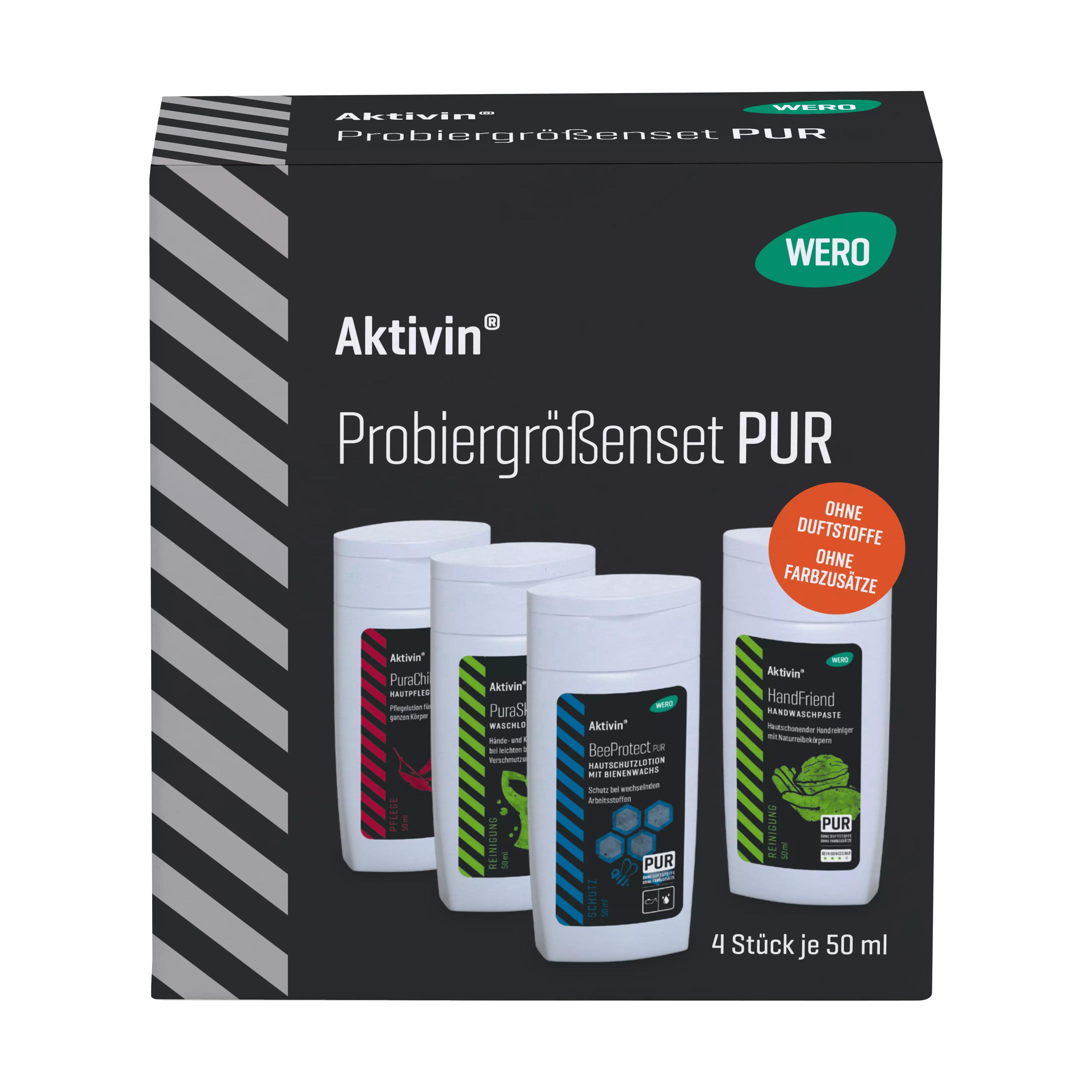 Vier 50-ml-Flaschen Activin ProBIERGROSEN SET PUR mit verschiedenfarbigen Etiketten für Bienen­schutz, Handwaschgel, Shampoo und Conditioner.