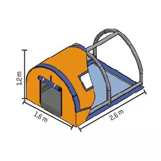 Orange-blaues RIGLOO Rescuer Rettungszelt mit gebogenem Dach, grauem Metallrahmen und seitlichem Fenster, misst 1,2 m Durchmesser und 1,6 m Höhe.
