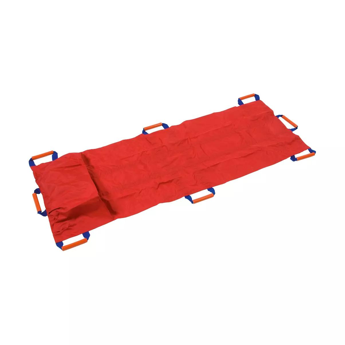Rettungstuch gemäß DIN EN 1865 - Rettungstuch mit Fußsack aus rotem Polyester, mit sechs blauen Griffen und zentralem roten Kissen, flach ausgebreitet.