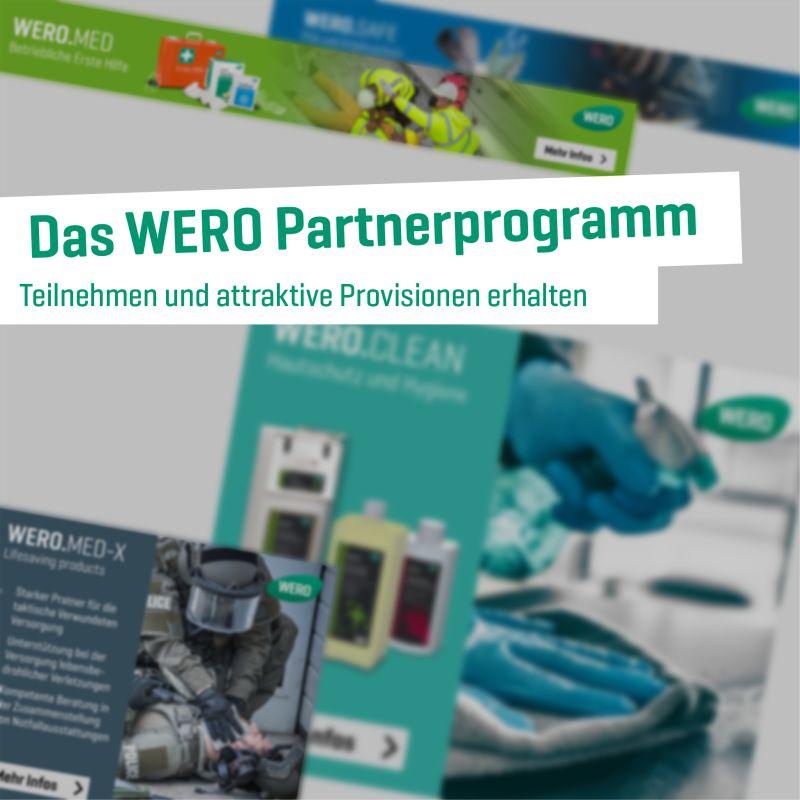 Collage mit sechs Werbeanzeigen zum WERO Partnerprogramm, jeweils mit medizinischem Fachpersonal und Fokus auf Gesundheitsdienstleistungen.