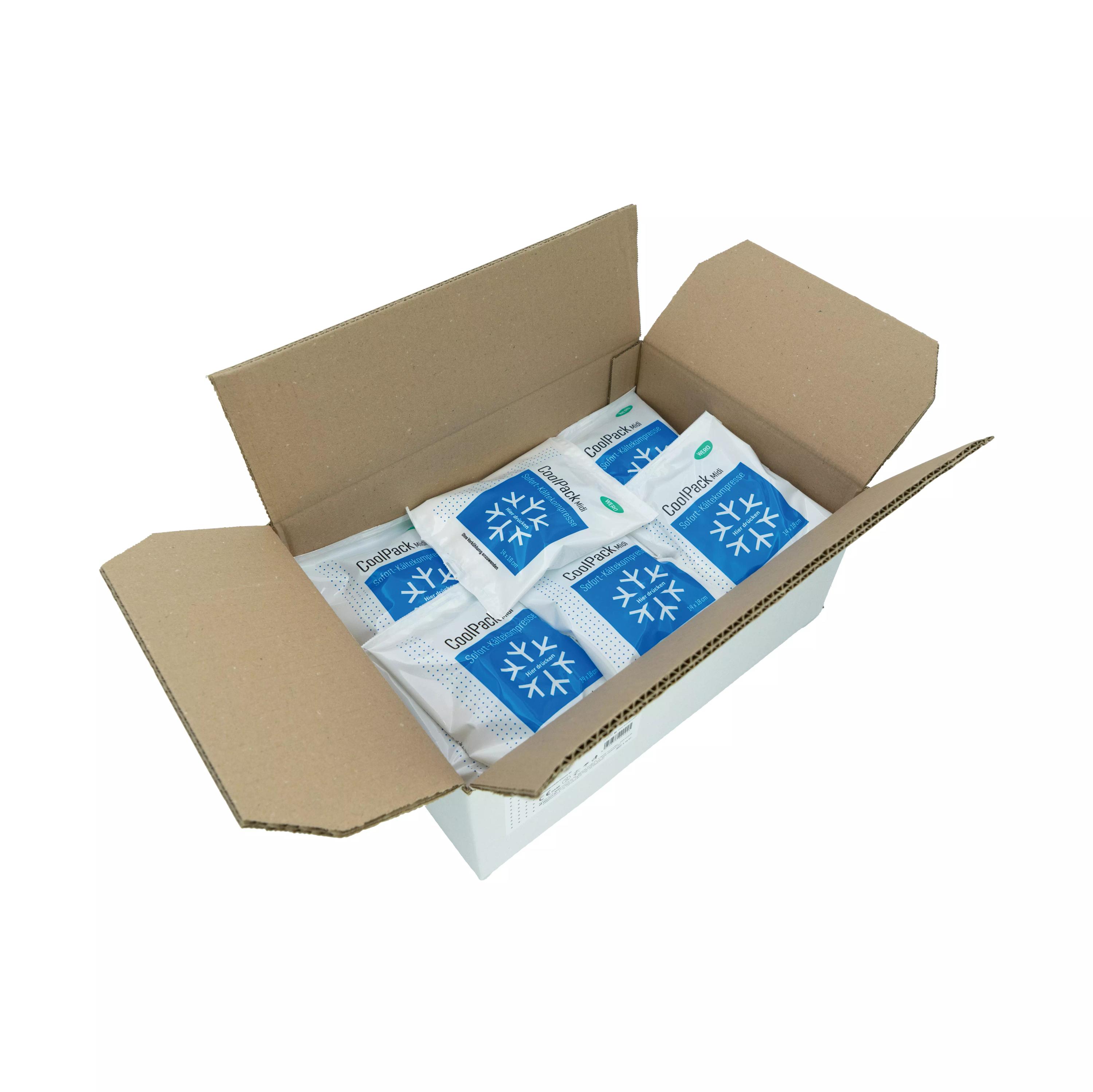 Eine geöffnete Schachtel WERO CoolPack Sofort-Kältekompresse - Midi, 25 Stk, enthält kompakte, blau-weiße Einweg-Kältebeutel ohne Vorkühlung.