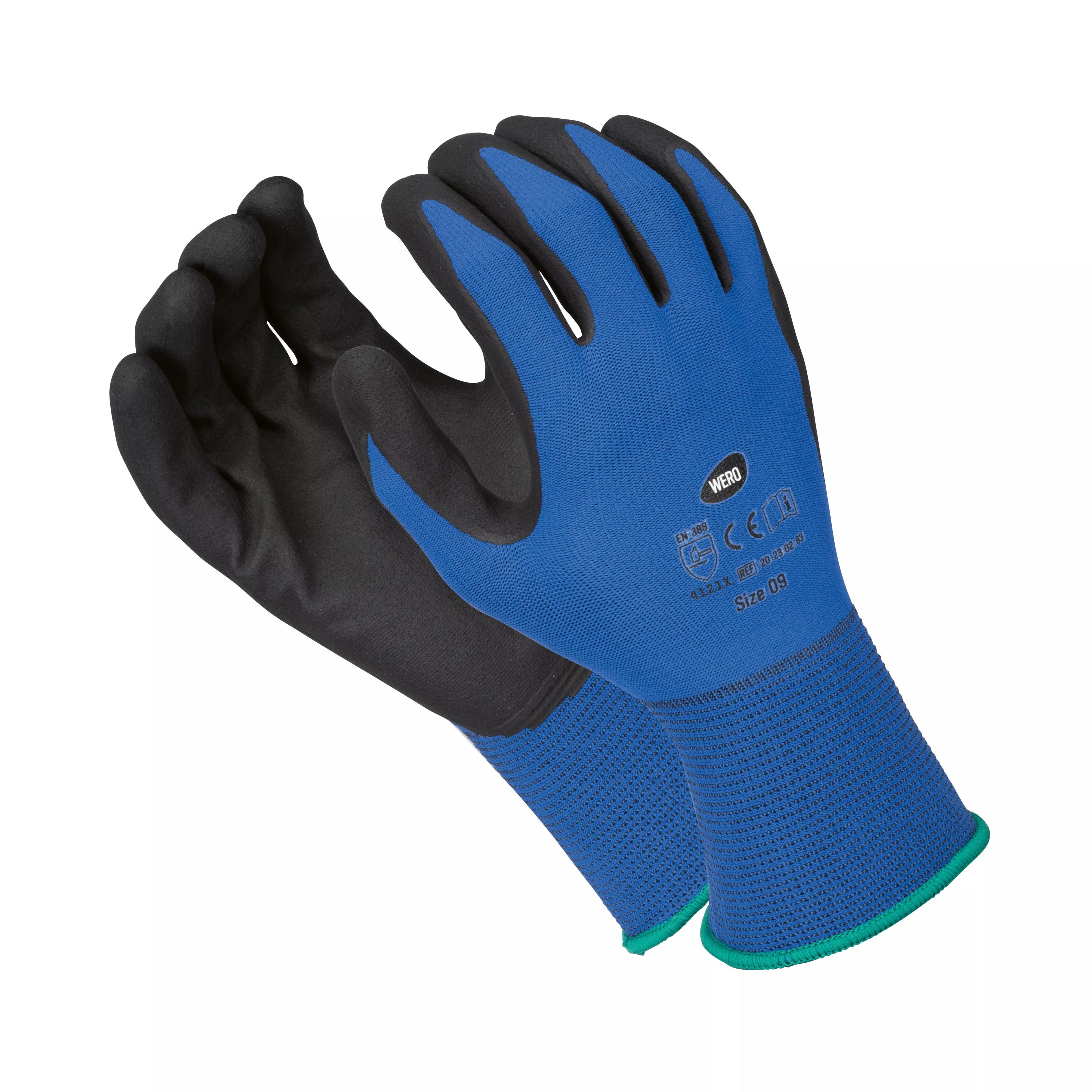 Zwei Feinstrickhandschuhe WERO Manta in Blau mit Mikroschaumbeschichtung aus Nitril und perfektem Sitz, einer leicht geöffnet, einer geschlossen.
