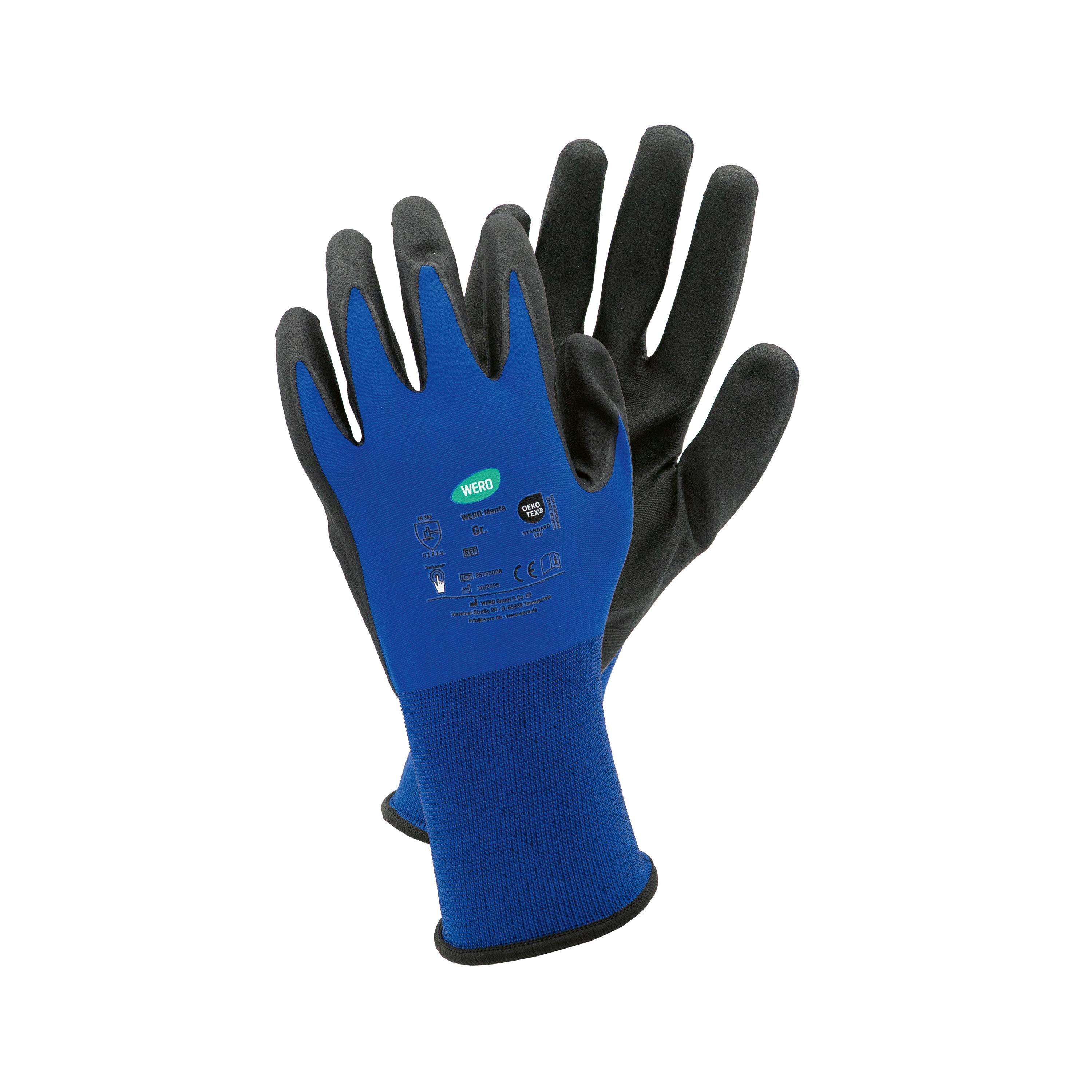 Zwei Feinstrickhandschuhe WERO Manta in Blau mit Mikroschaumbeschichtung aus Nitril und perfektem Sitz, einer leicht geöffnet, einer geschlossen.