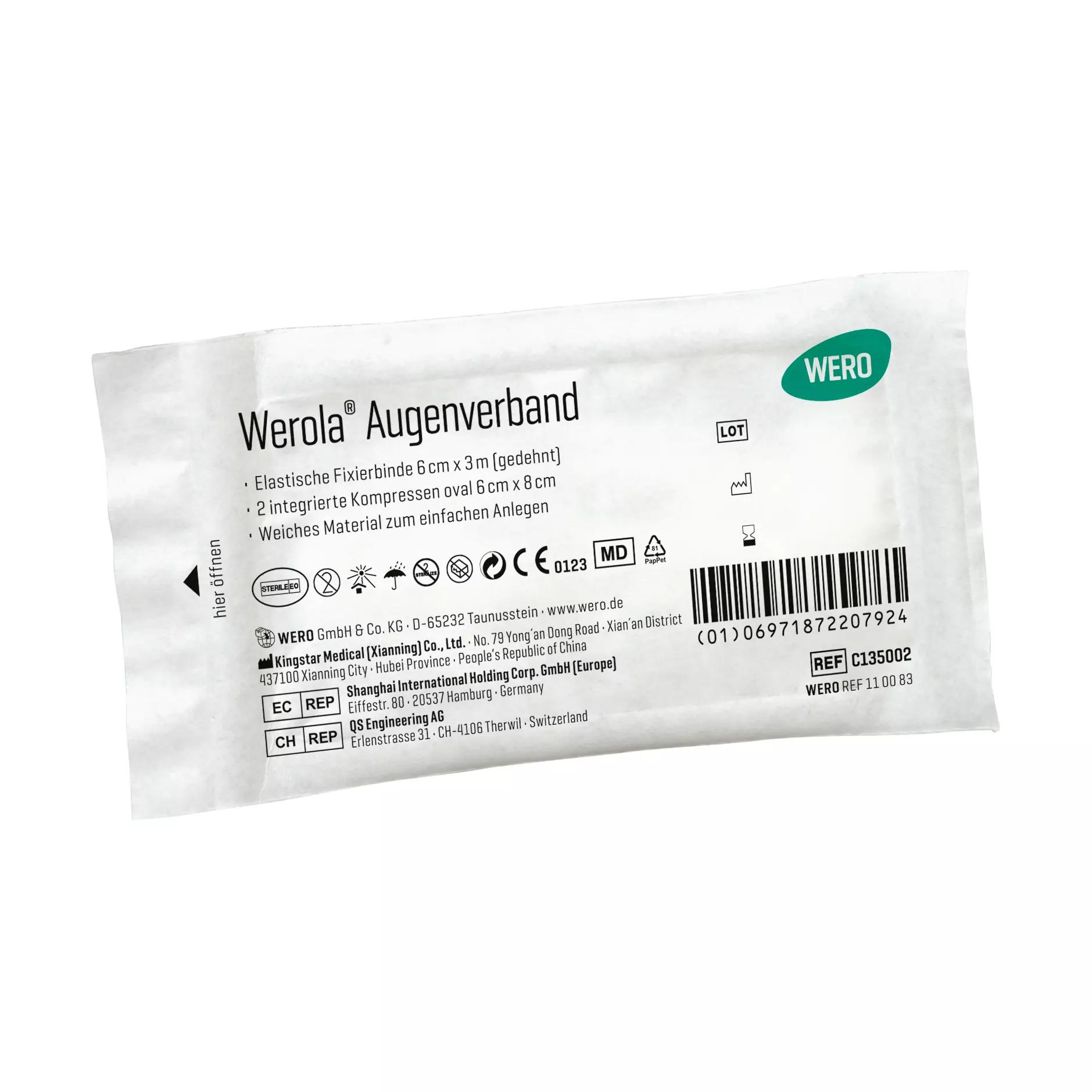 Weißes, rechteckiges Paket Werola® Augenverband mit grünem Etikett, Produktdaten und Hinweis auf schnelle, druckfreie Anwendung bei Augenverletzungen.