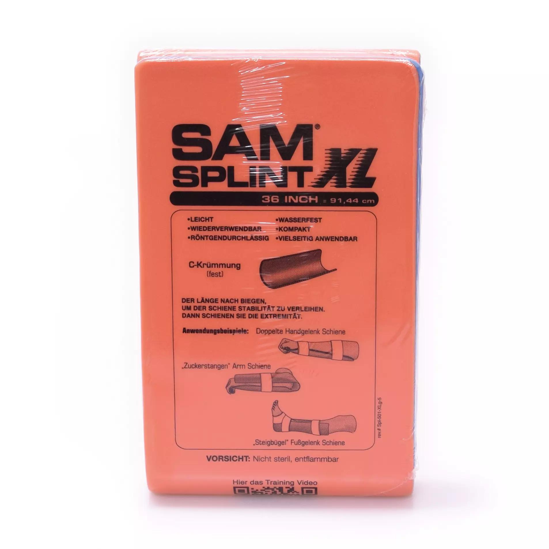 Eine aufrecht stehende, rot-orange Box der SAM Splint XL Universalschiene mit Produktname, Maßangabe und Anwendungsillustrationen auf deutscher Beschriftung.