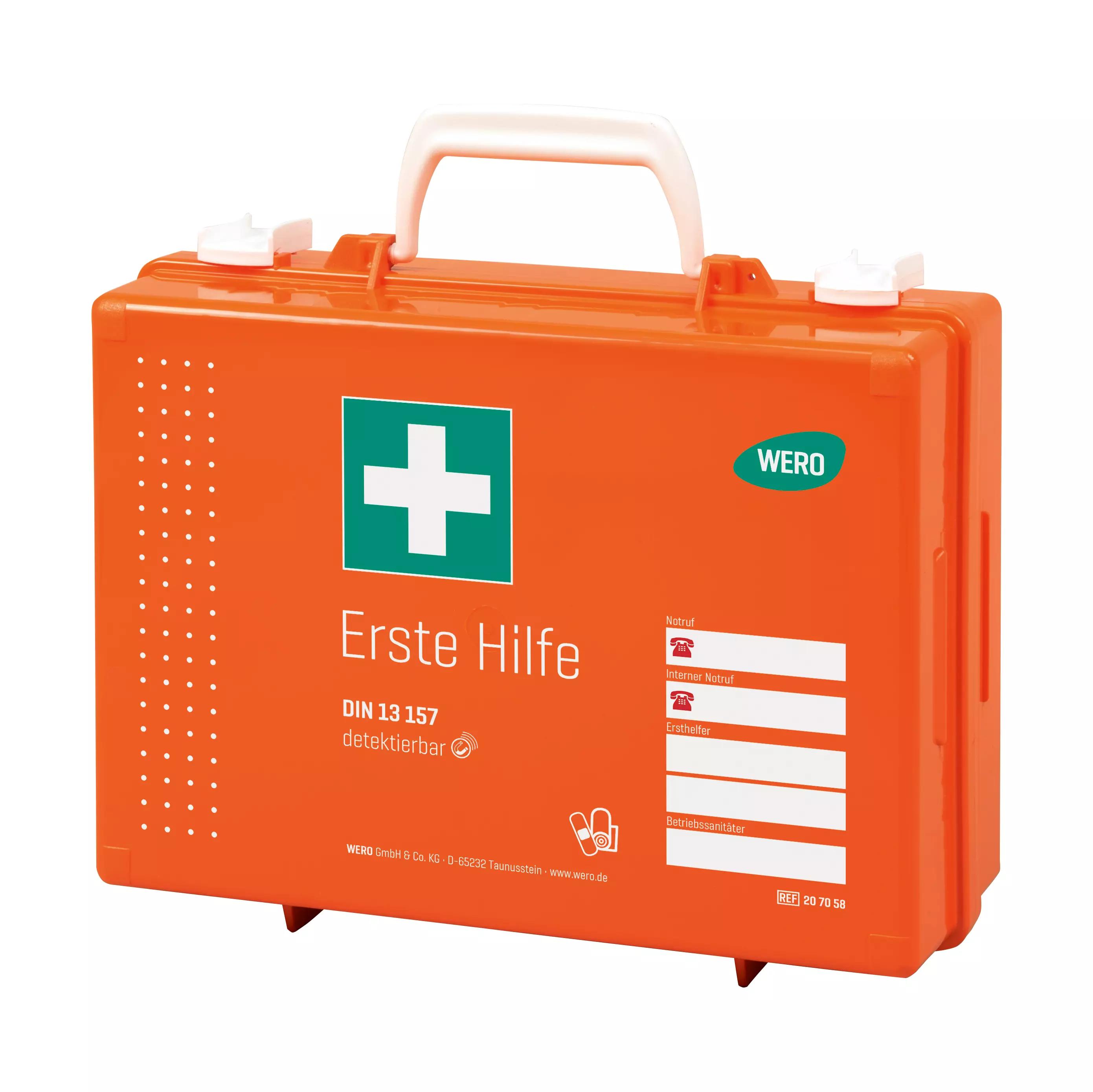 Orangefarbener Werotop® 350 Erste Hilfe Koffer mit DIN-Basisfüllung DIN 13157, grünem Kreuz und Tragegriff, beschriftet mit "Erste Hilfe".