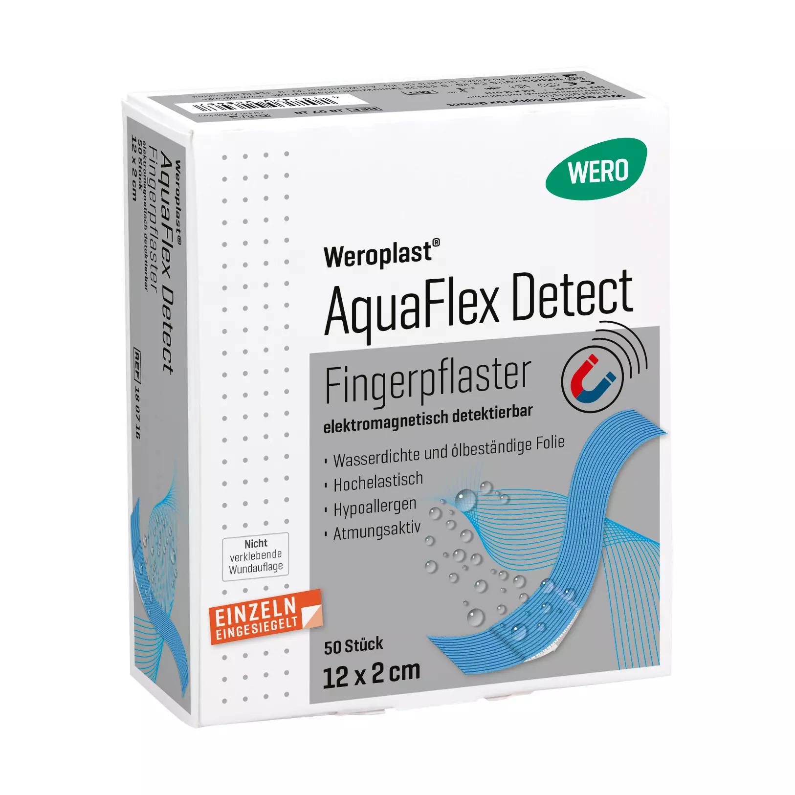 Weroplast® AquaFlex Detect Fingerpflaster Box mit 50 wasserdichten, blau detektierbaren Pflastern à 12 x 2 cm, illustriert mit Magnet und Wellen.