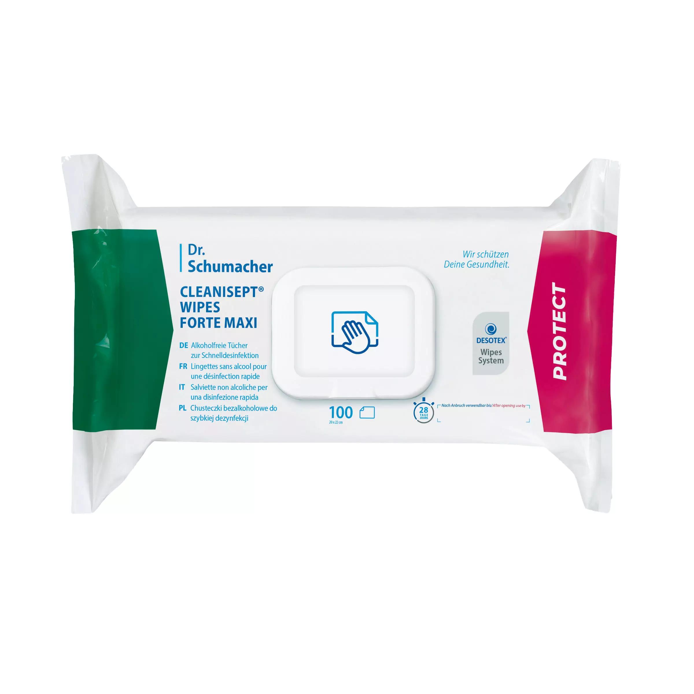 Eine aufrecht stehende Packung CLEANISEPT® Wipes Forte Maxi mit grünem Streifen, alkoholfrei, bakterizid und für empfindliche Oberflächen geeignet.