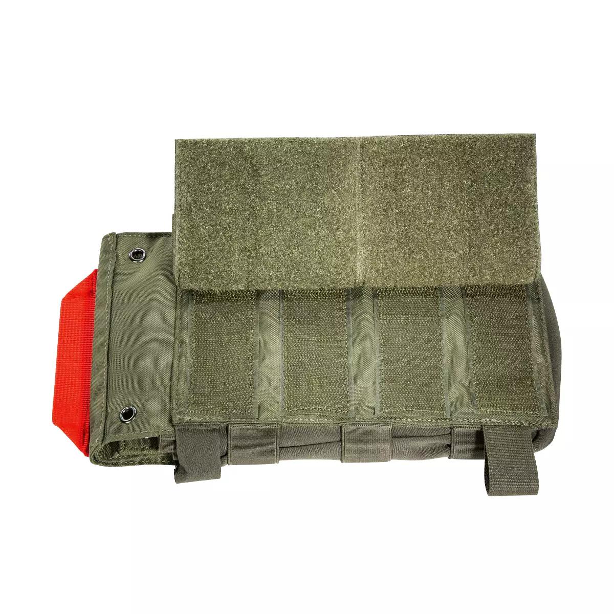 TT IFAK Pouch VL - Oliv, kompakte grüne Erste-Hilfe-Tasche aus robustem Material mit mehreren Fächern, MOLLE-Klettbefestigung und auffälligem roten Riemen.