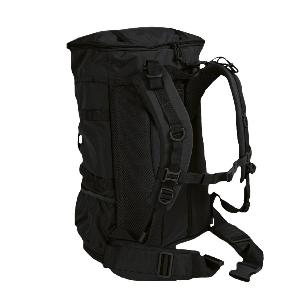 Schwarzer Rucksack mit verstellbaren Trägern, mehreren Fächern und Mesh-Seitenteilen für Belüftung, geeignet für den täglichen Gebrauch.