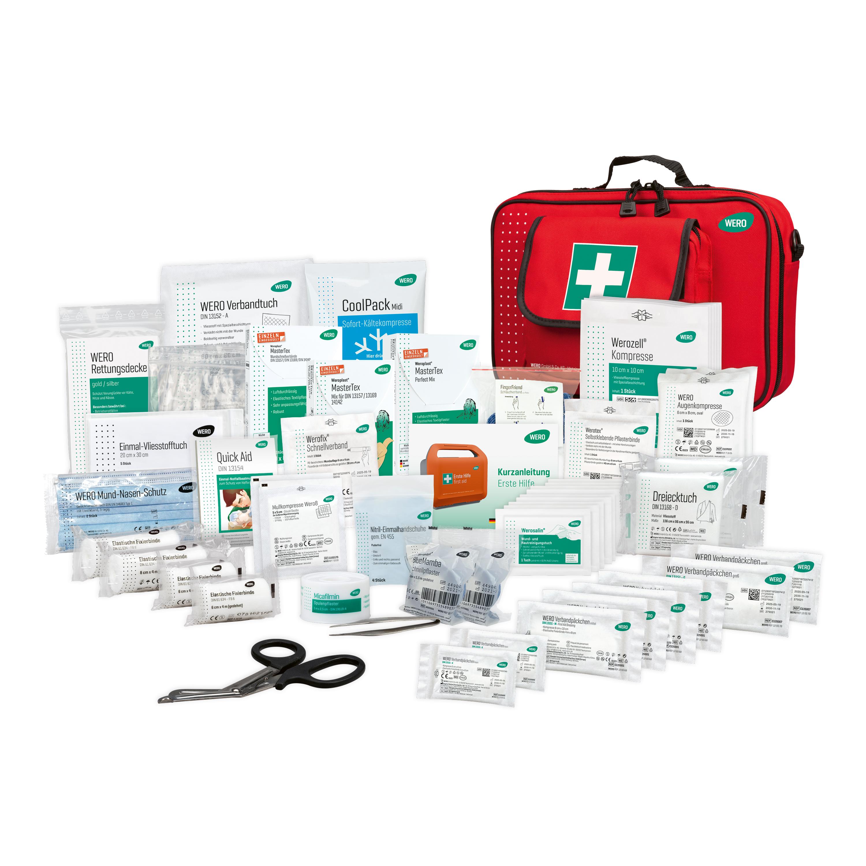WERO Erste-Hilfe-Tasche groß - DIN 13157 Allround geöffnet mit Verband, Werosalin® Reinigungstüchern, Splitterpinzette und Werofix® Schnellverband.