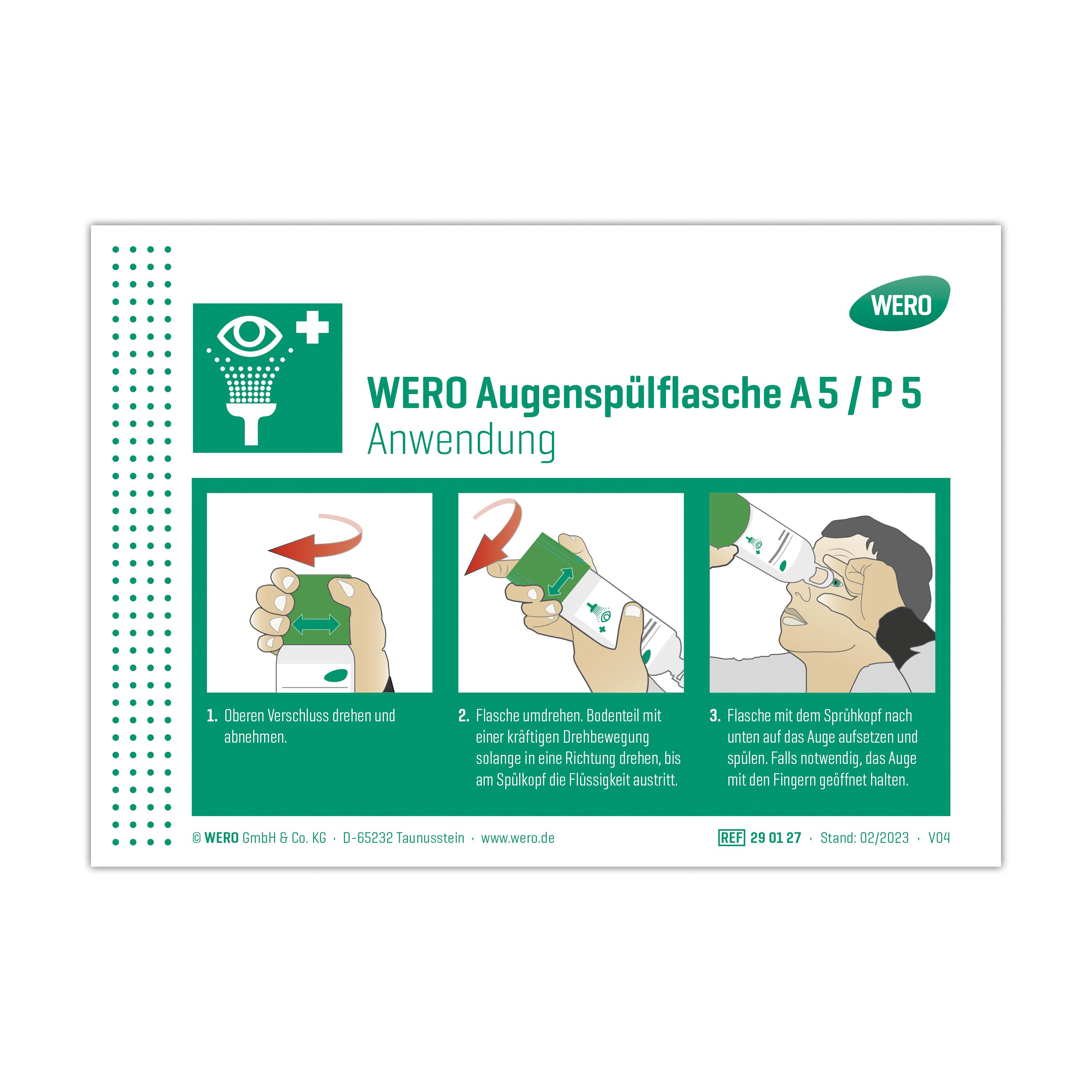 Grünes WERO Schild: Anwendung Augenspülflasche P 5 / A 5 mit bebilderter Anleitung zur richtigen Nutzung der Augenspülflasche.