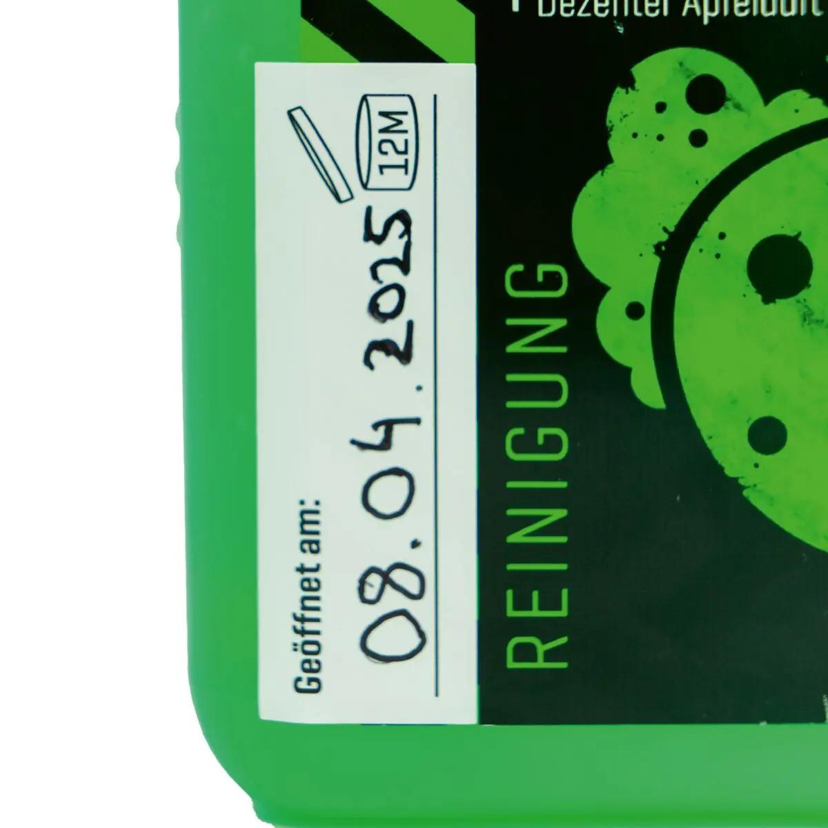 Sticker: Haltbarkeit Aktivin-Produkte - 12M zeigt einen grünen Reinigungsflaschenaufkleber mit Eintragfeld für Öffnungsdatum und Haltbarkeitsdauer von 12 Monaten.
