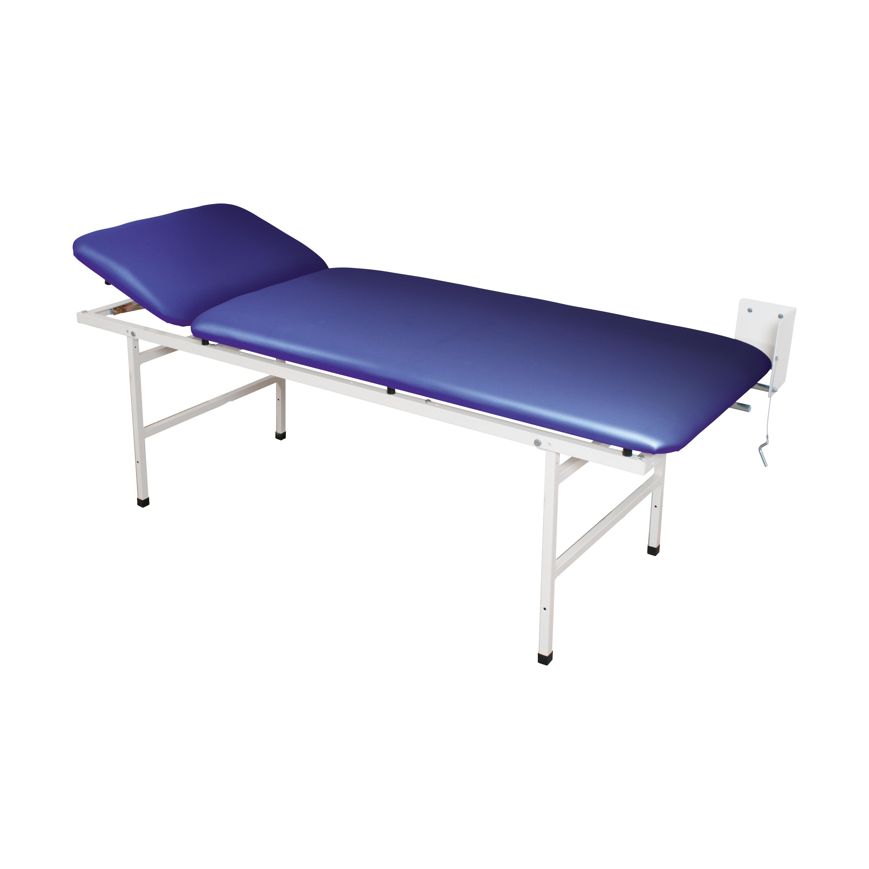 Wandklappliege - Blau mit weißem Metallgestell, blau gepolsterter Liegefläche, Kopfteil und sichtbarem Bedienungselement an der Seite.