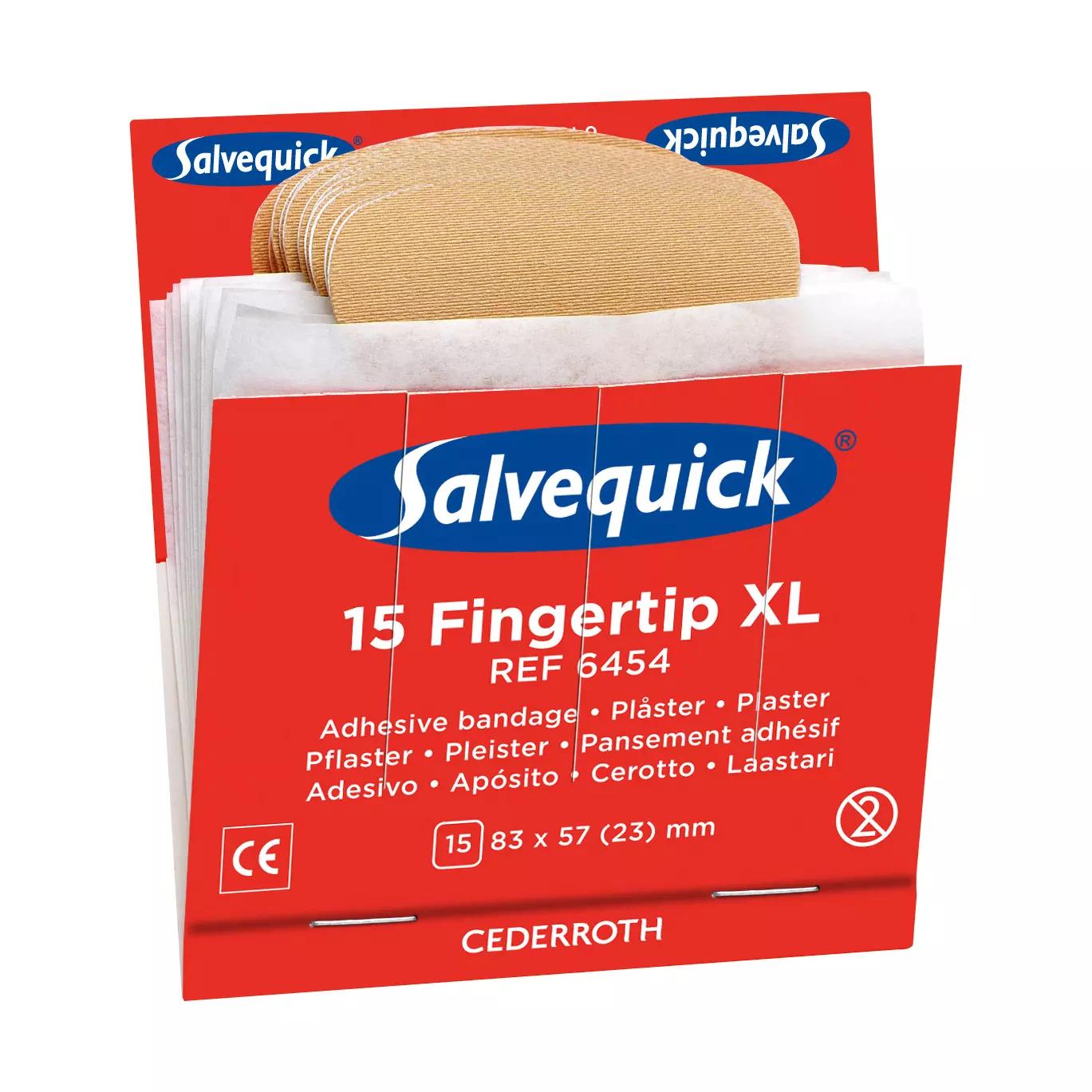 Salvequick® Fingerkuppenpflaster, elastisch, Refill 6454 - Einsatz in roter Verpackung mit einzeln entnehmbaren, hautfarbenen Fingertip-Pflastern.