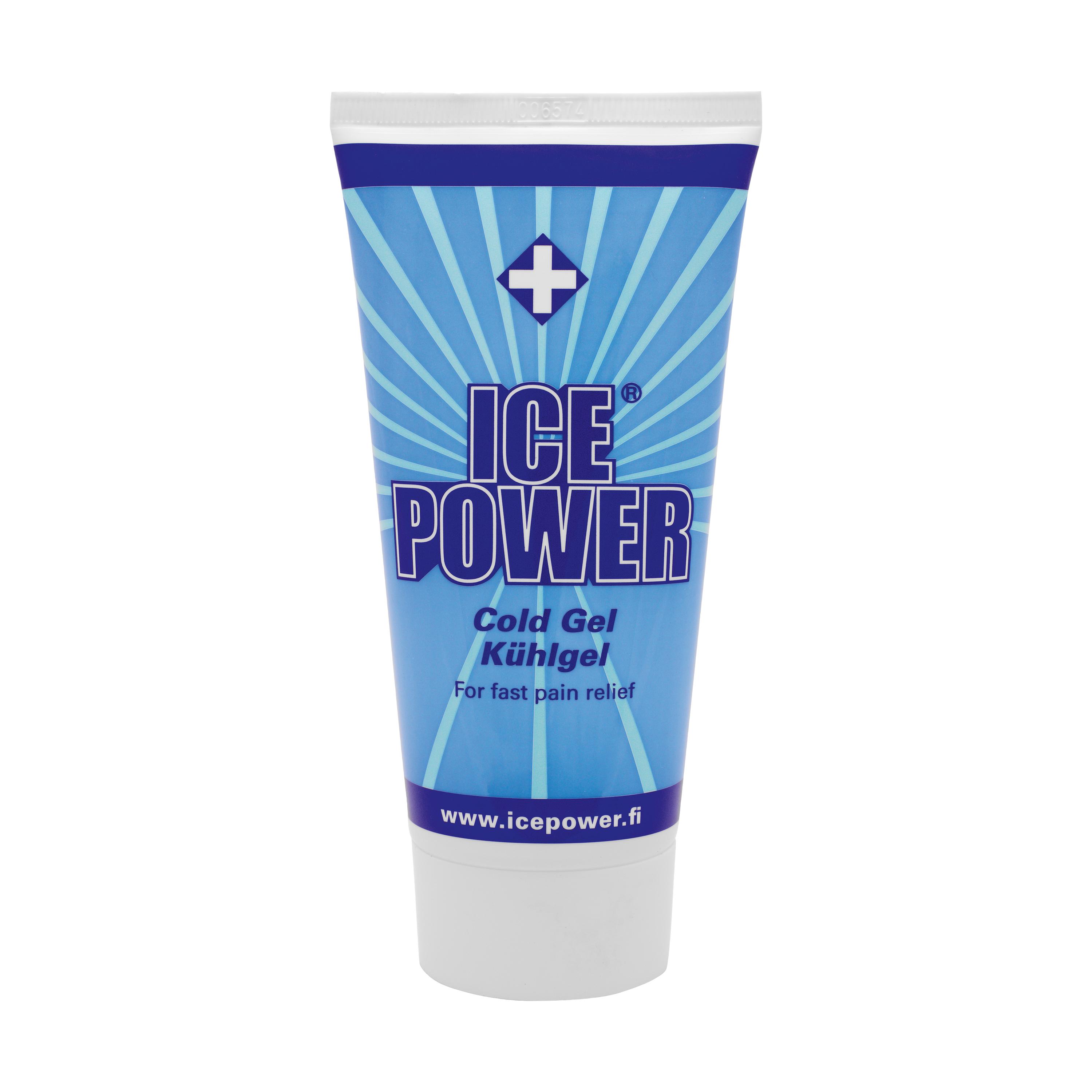 Tube Kühlgel Ice Power, 150 ml mit hellblauem Design, weißem Deckel und Aufschrift zu sofortiger Wirkung, senkt die Hauttemperatur, Menthol-Langzeitwirkung.