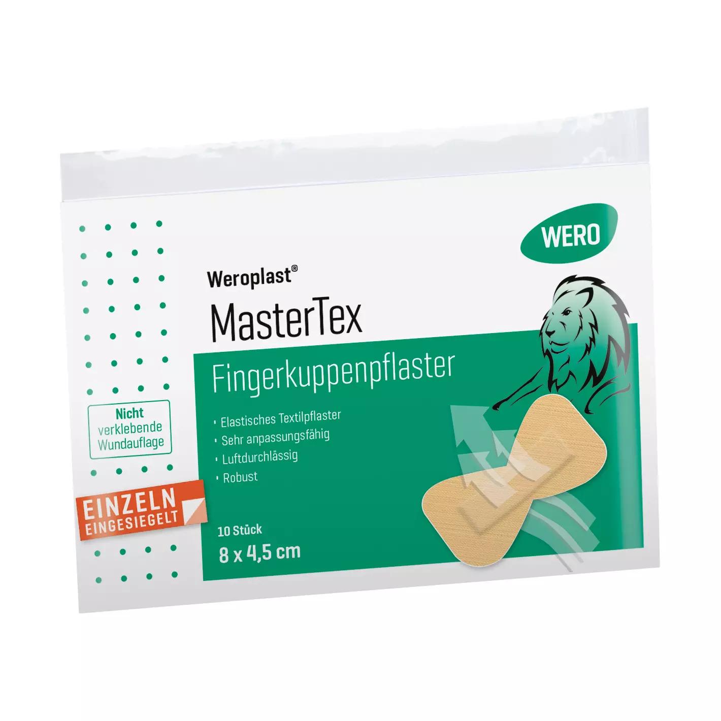 Weroplast MasterTex Fingerkuppenpflaster 10 Stück, steril, 8 x 4,5 cm, für kleine Verletzungen, mit grünem Löwenmotiv auf der Verpackung