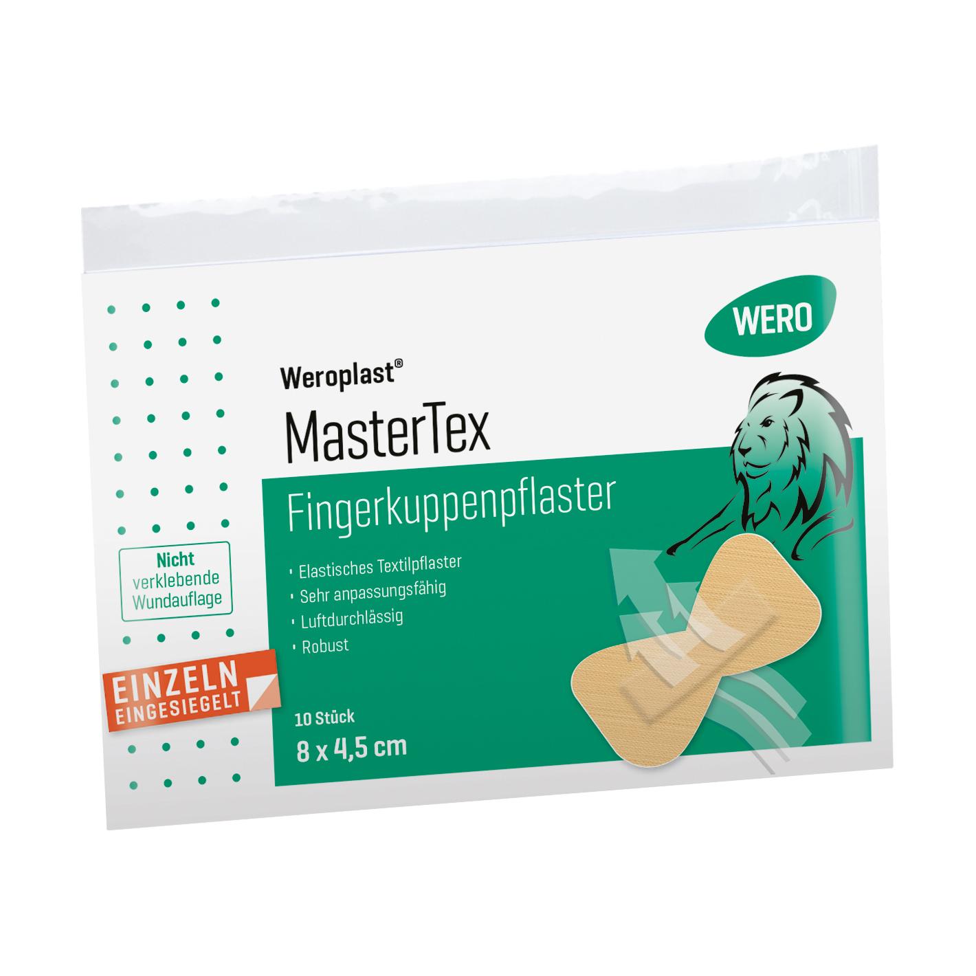 Weroplast MasterTex Fingerkuppenpflaster 10 Stück, steril, 8 x 4,5 cm, für kleine Verletzungen, mit grünem Löwenmotiv auf der Verpackung