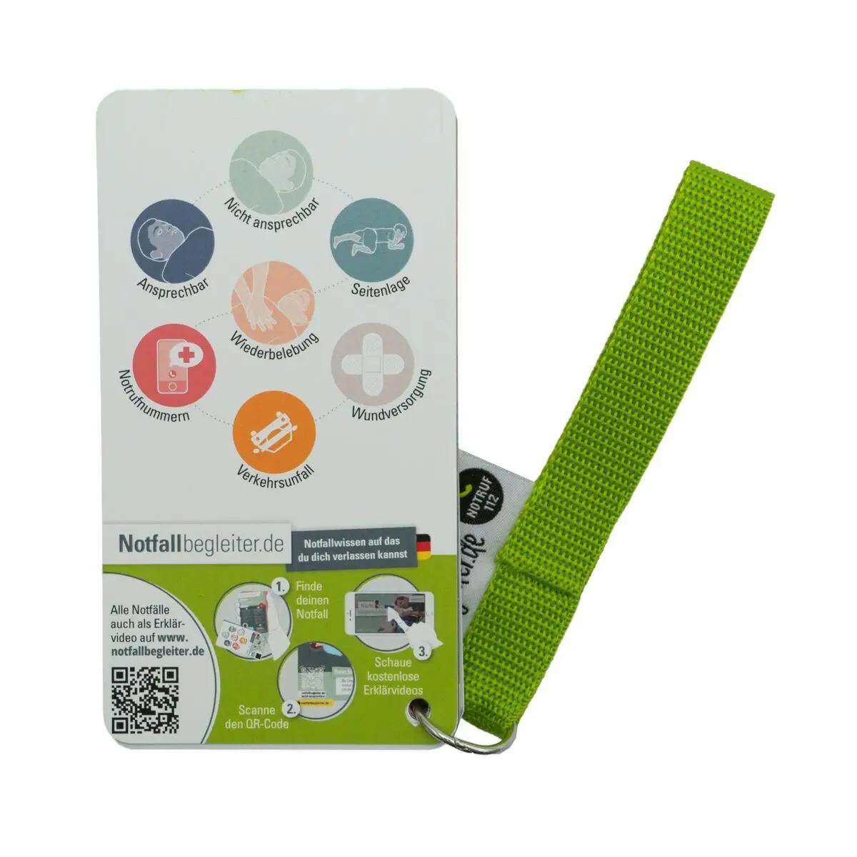 Der WERO Notfallbegleiter - Erste-Hilfe-Fächer mit grünem Lanyard, silbernem Clip und Karte mit acht bunten Sicherheitssymbolen sowie QR-Code.