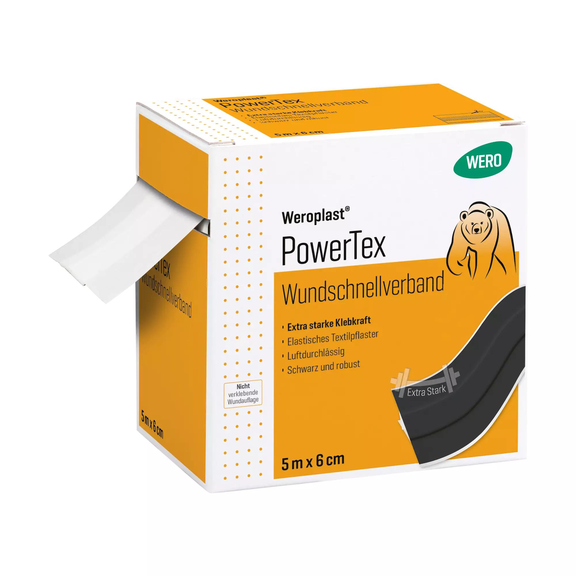 Die Verpackung des Wundschnellverband Weroplast® PowerTex - 6 cm, 5 m zeigt ein schwarzes, extra starkes Textilpflaster mit verstärkter Klebkraft.