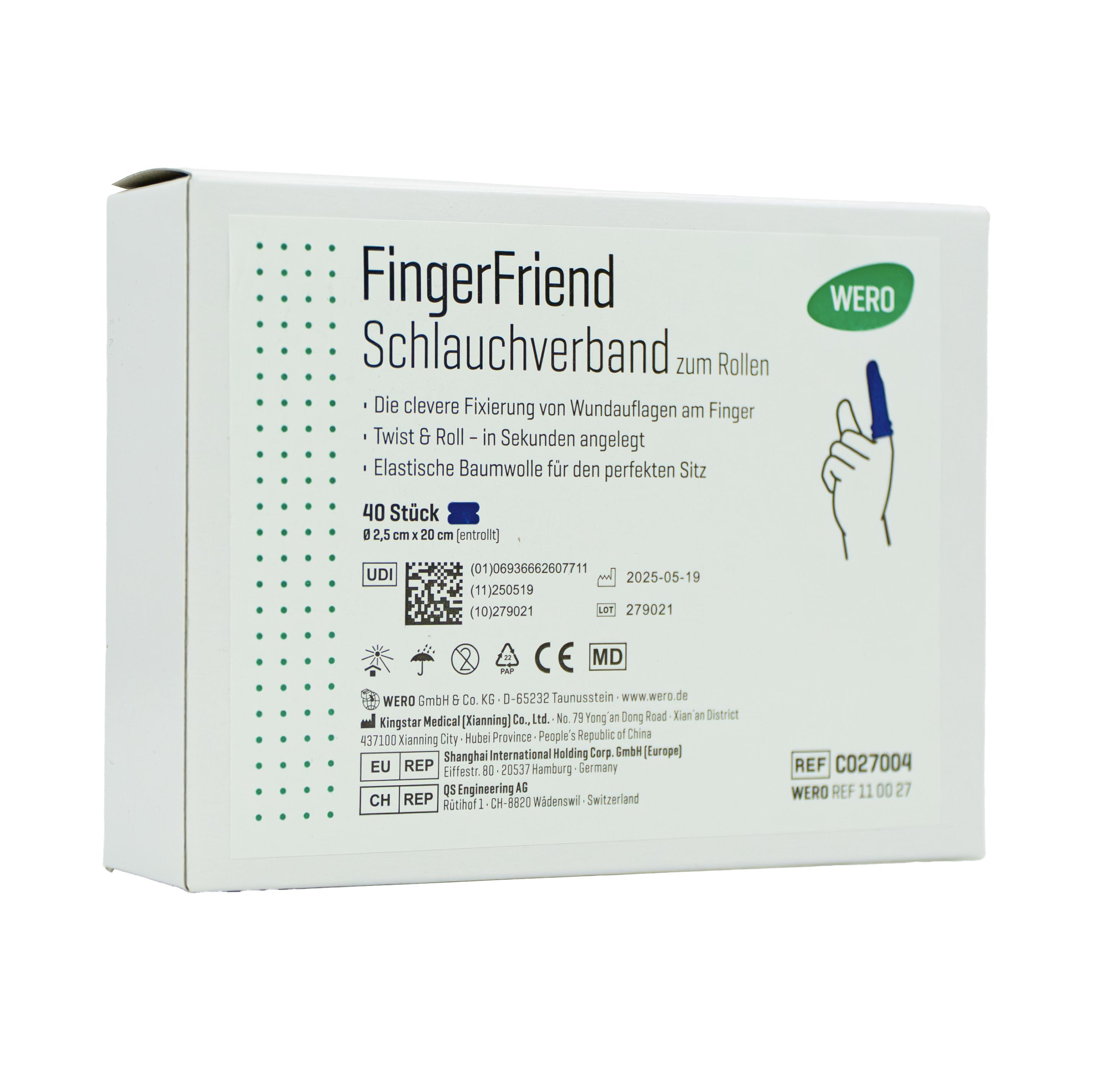 Ein kreisförmig aufgerollter WERO FingerFriend Schlauchverband aus elastischer, sichtbarer blauer Baumwolle mit doppelter Textur.