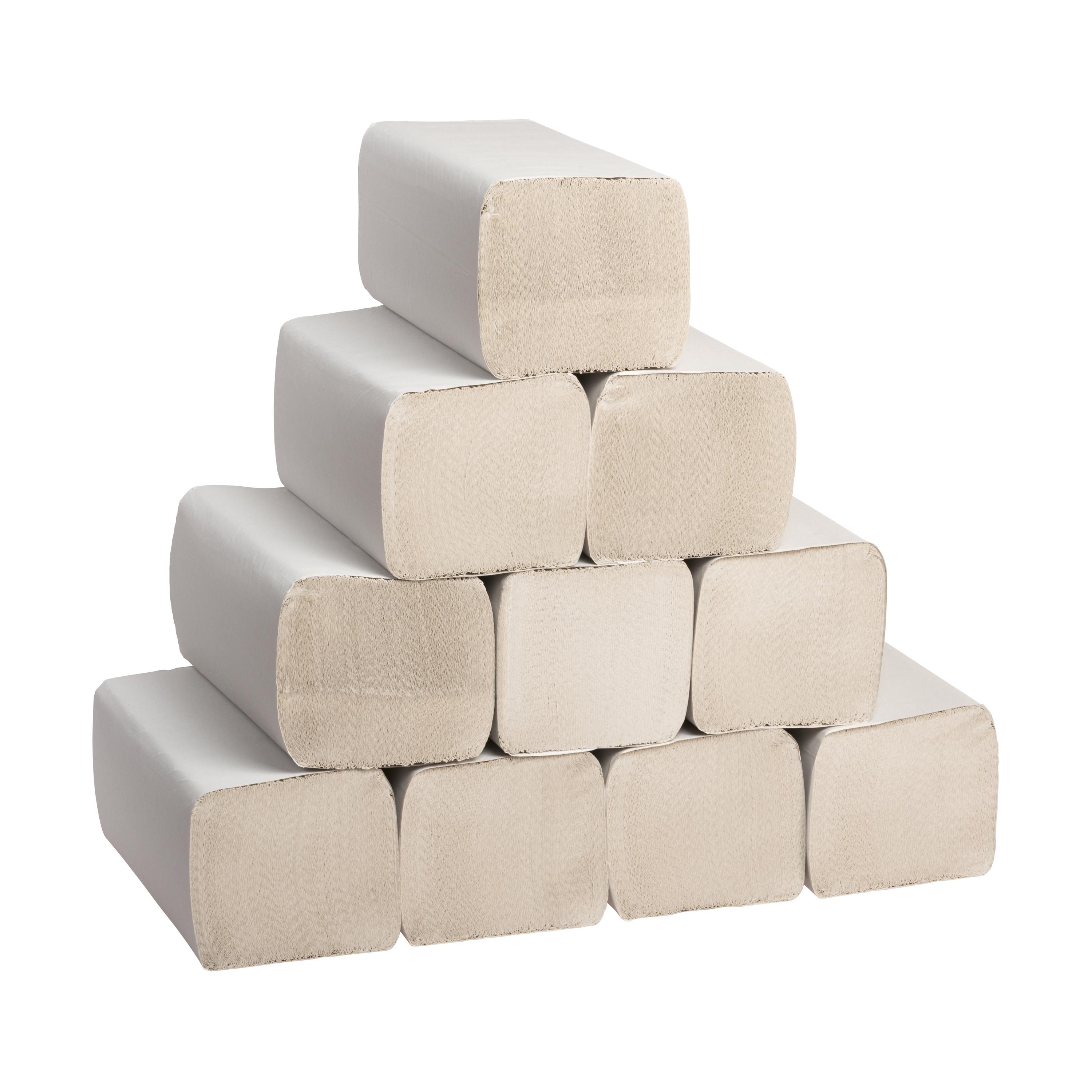 Zehn aufgefächerte Papierhandtücher Naturell für Handtuchspender, rechteckig, 2-lagig, naturfarben und mit dezenter Prägung.