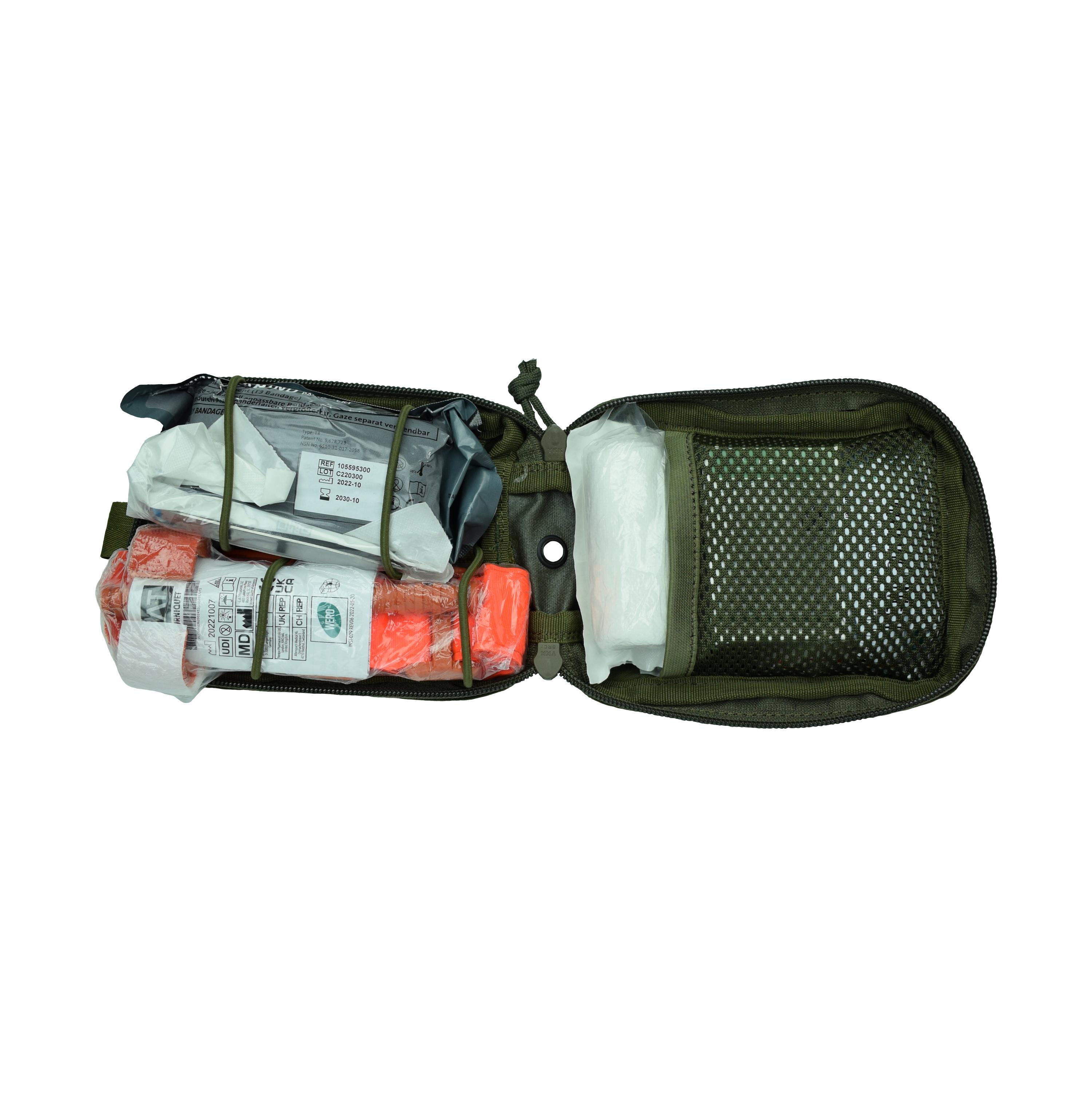 WERO MED-X Hunter Medic Pack - Basic als olivgrünes Set aus robustem Cordura mit weißen und orangefarbenen Verbandsmaterialien und Tourniquet.