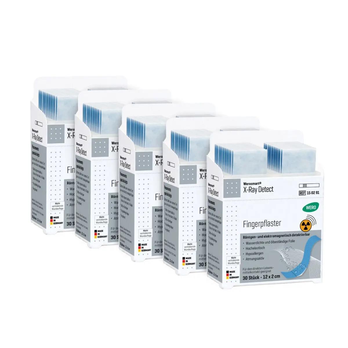 Fünf identische geschlossene Werosmart® X-Ray Detect Pflasterspender-Einsätze Fingerpflaster 12 cm sind ordentlich nebeneinander angeordnet.