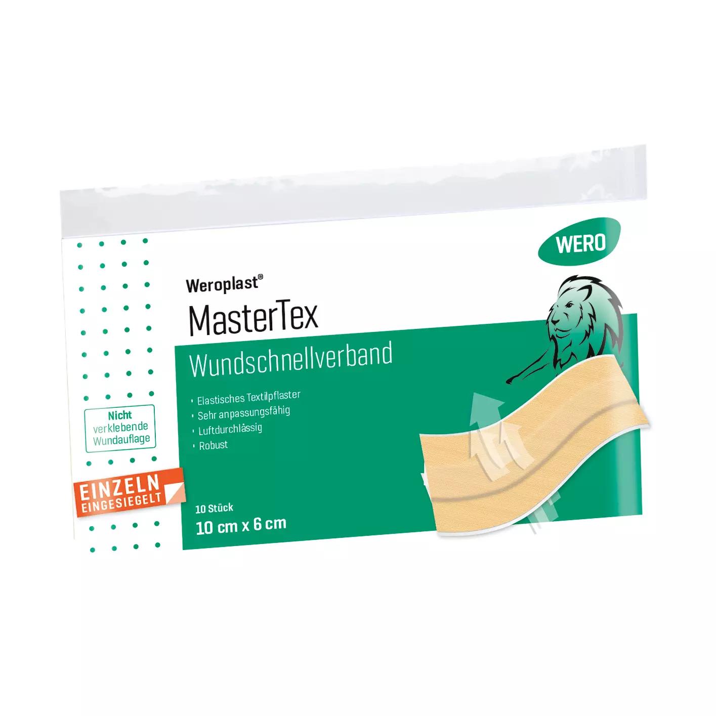 Eine Packung Wundschnellverband Weroplast® MasterTex mit 10 Pflastern aus anpassungsfähigem, textilem Gewebe in 6 x 10 cm Größe.