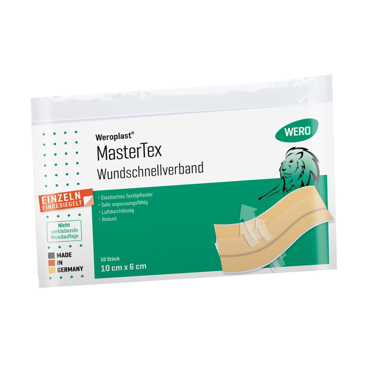Eine Packung Wundschnellverband Weroplast® MasterTex mit 10 Pflastern aus anpassungsfähigem, textilem Gewebe in 6 x 10 cm Größe.