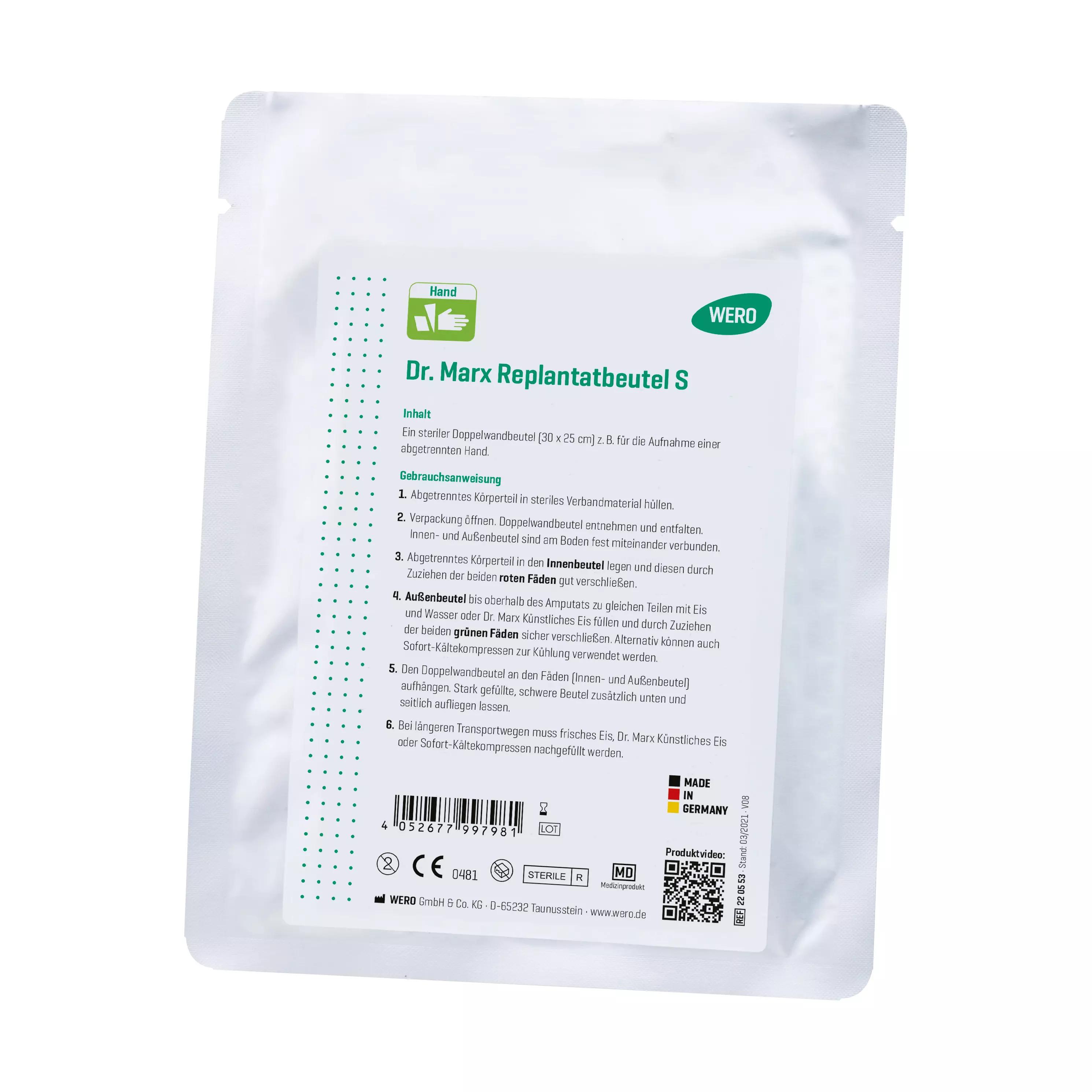 Dr. Marx Replantatbeutel S, steril für Finger oder Hand, mit grün-weißer Vorderetikettierung, doppelwandig und CE-zertifiziert, versiegelte Medikalverpackung.